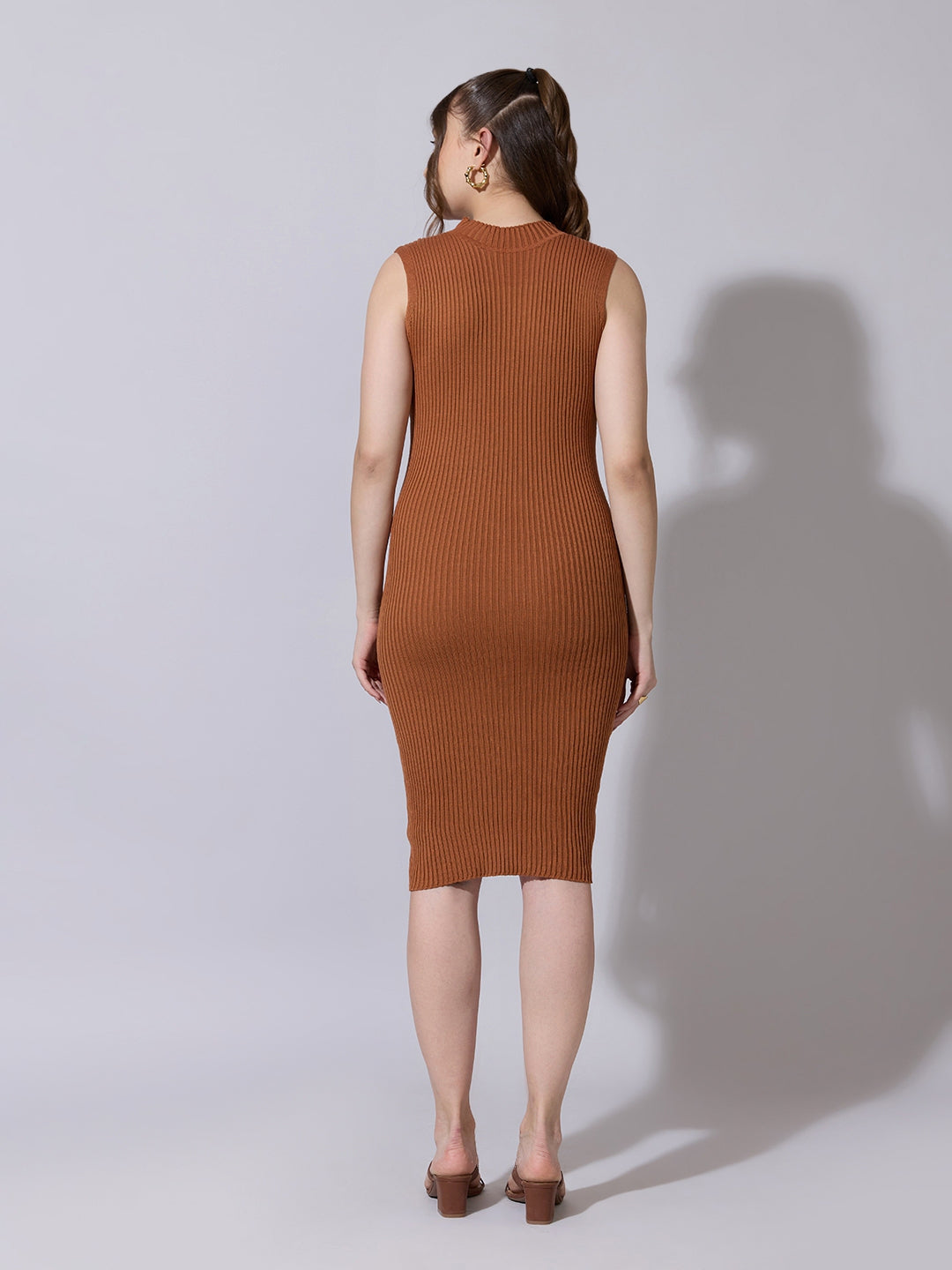 Women's Brown Knit Dress with Striped Poncho-Style Overlay