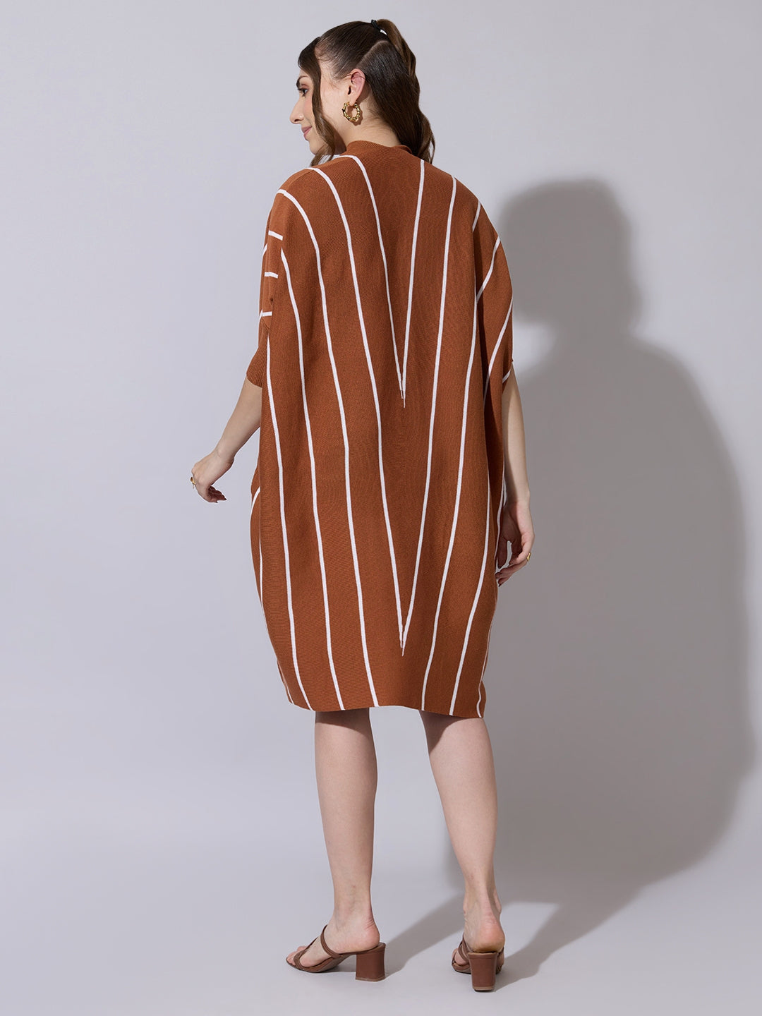 Women's Brown Knit Dress with Striped Poncho-Style Overlay