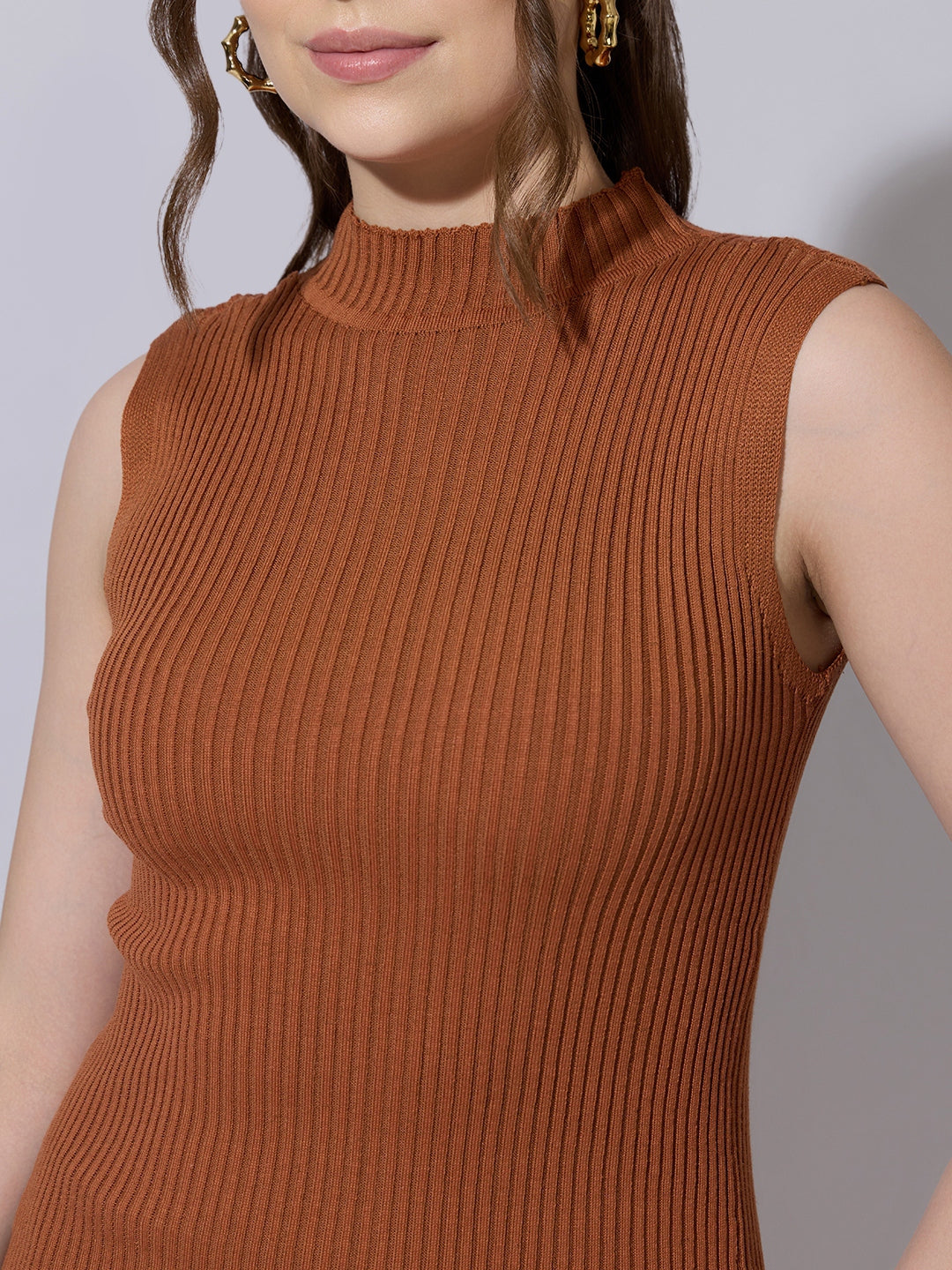 Women's Brown Knit Dress with Striped Poncho-Style Overlay