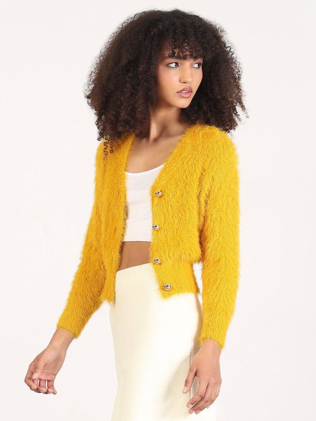 Women's Mustard Solid V-Neck Crop Shrug