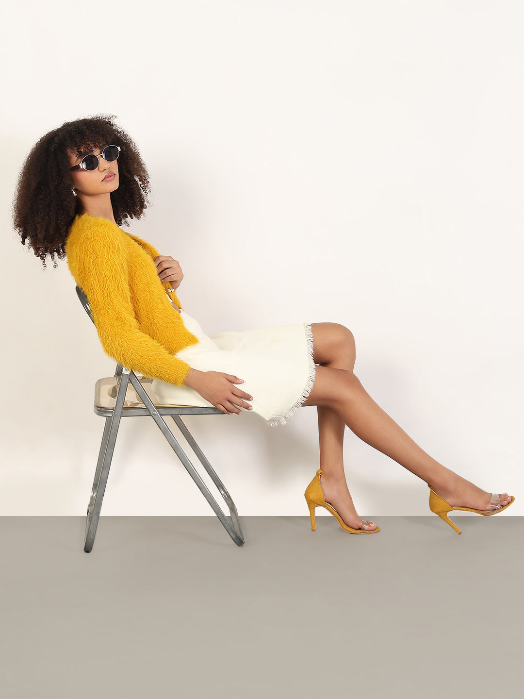 Women's Mustard Solid V-Neck Crop Shrug