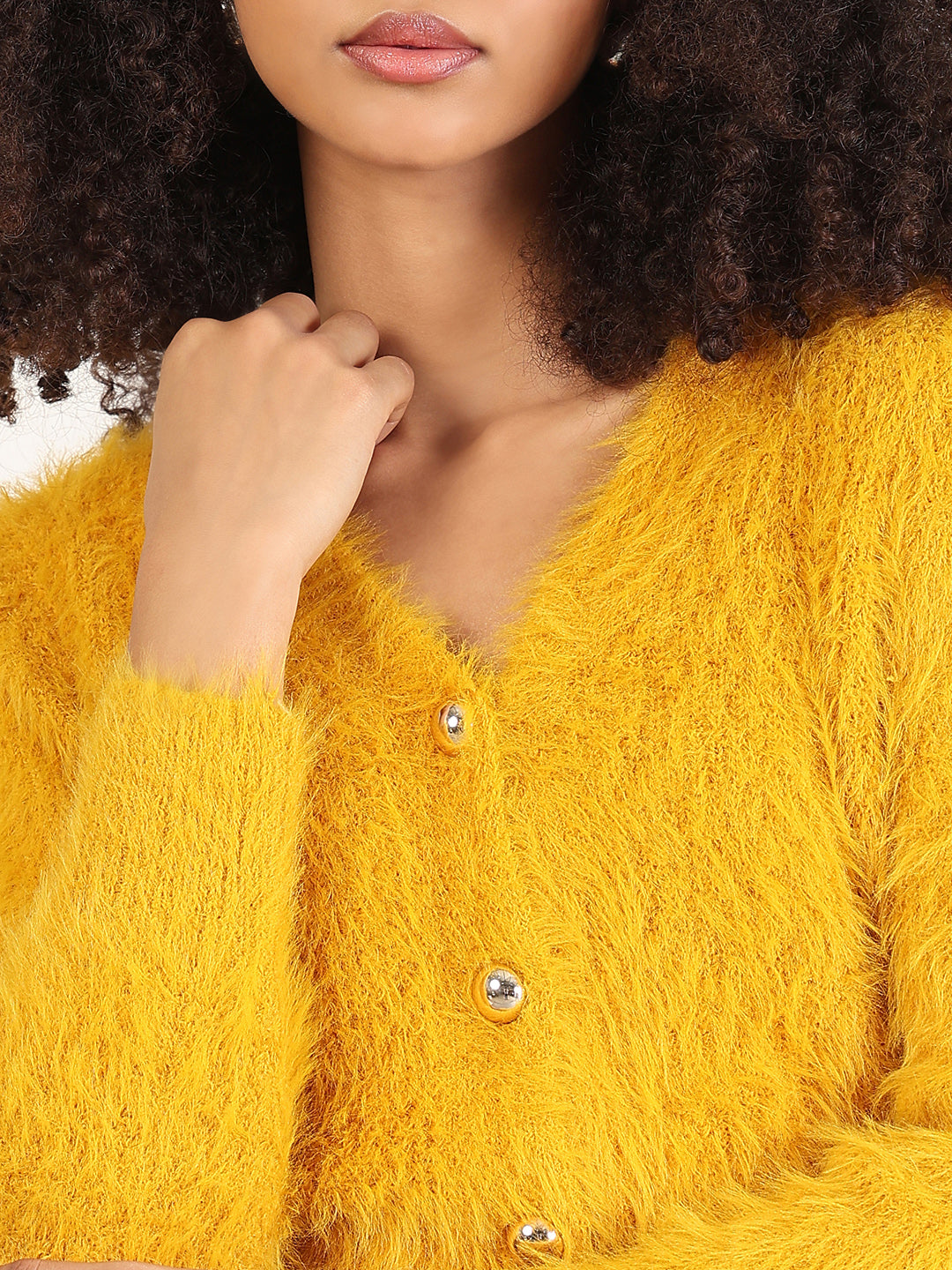 Women's Mustard Solid V-Neck Crop Shrug