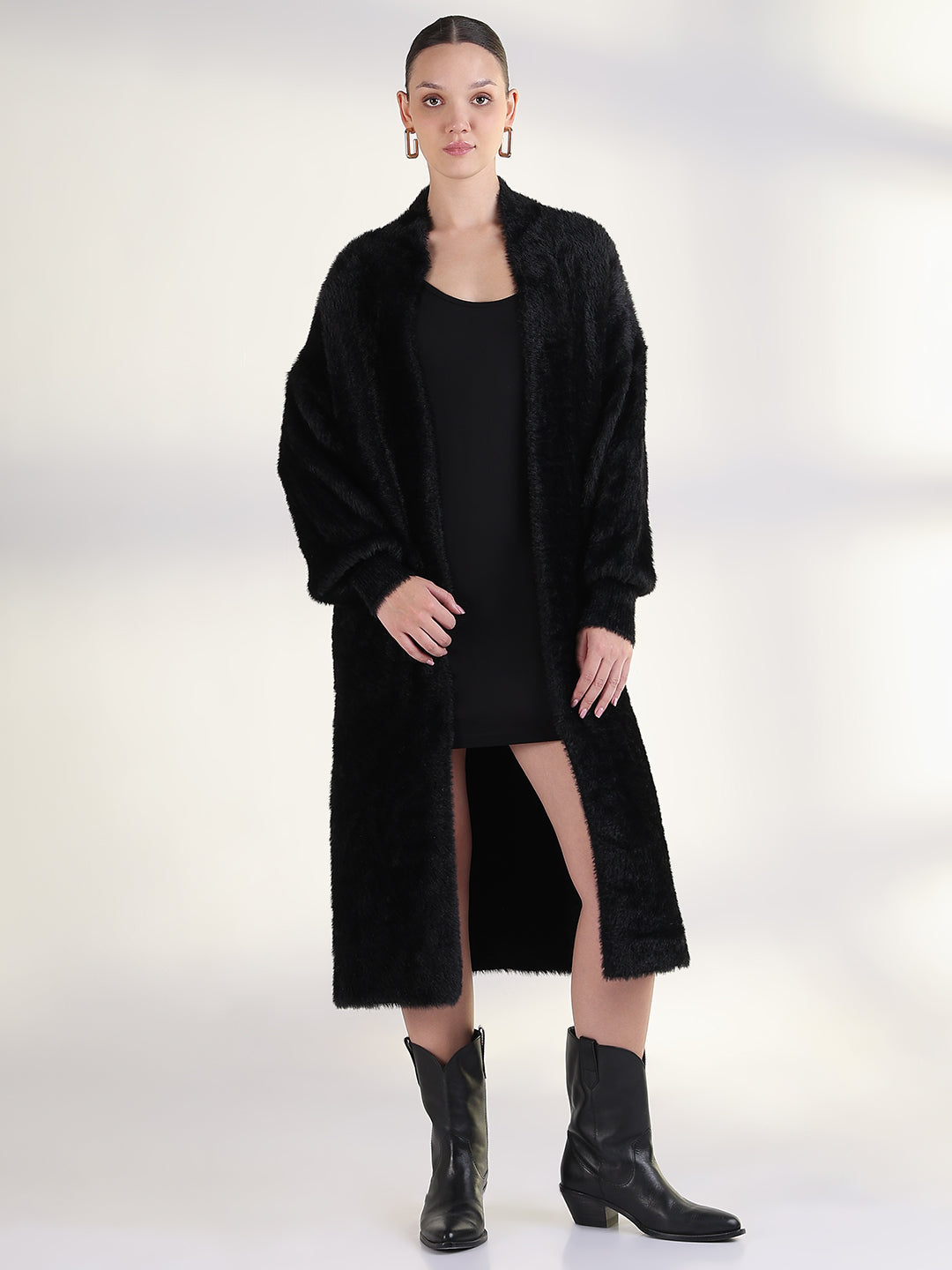 Women's Solid Black Longline Shrug