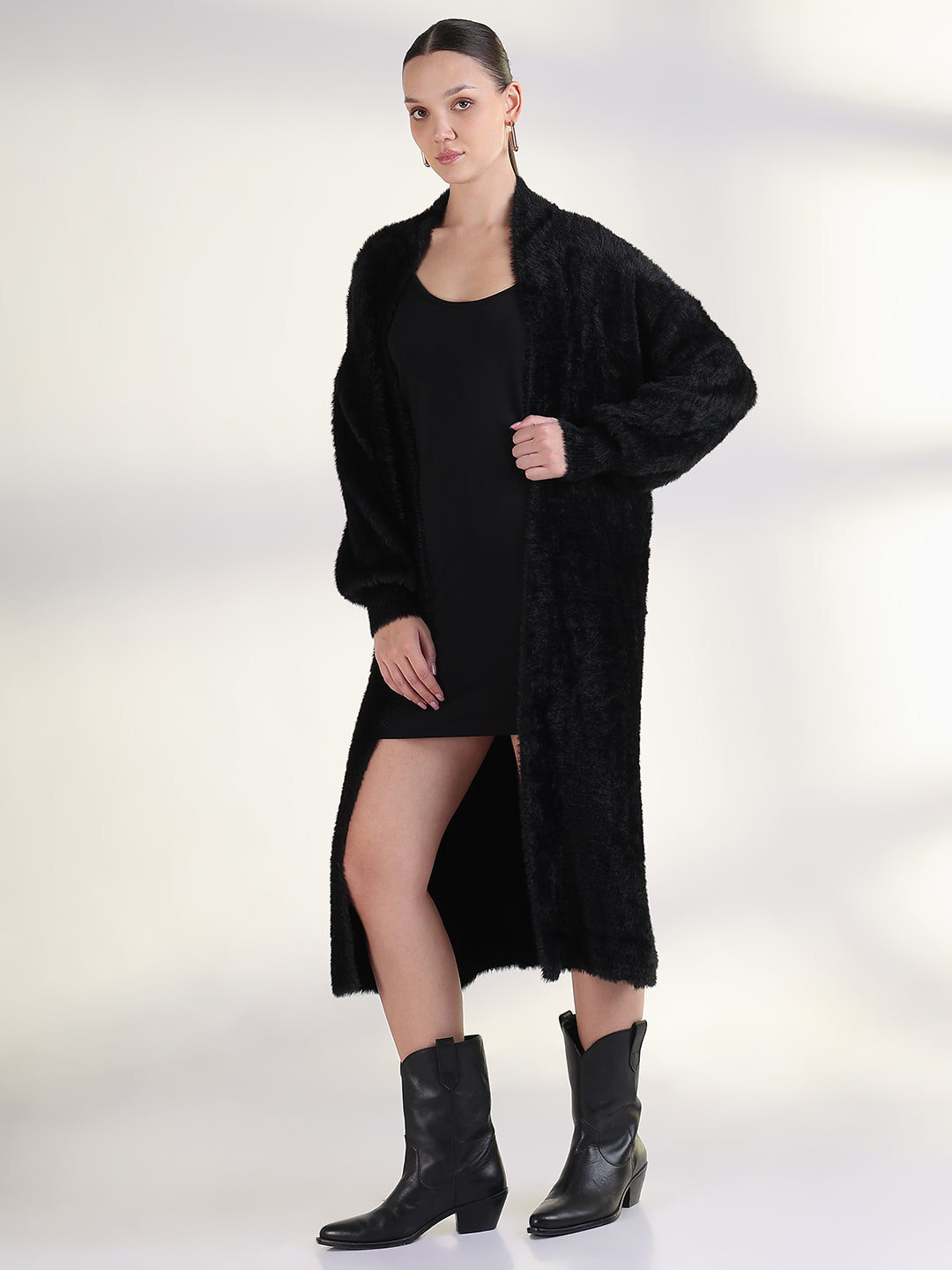 Women's Solid Black Longline Shrug