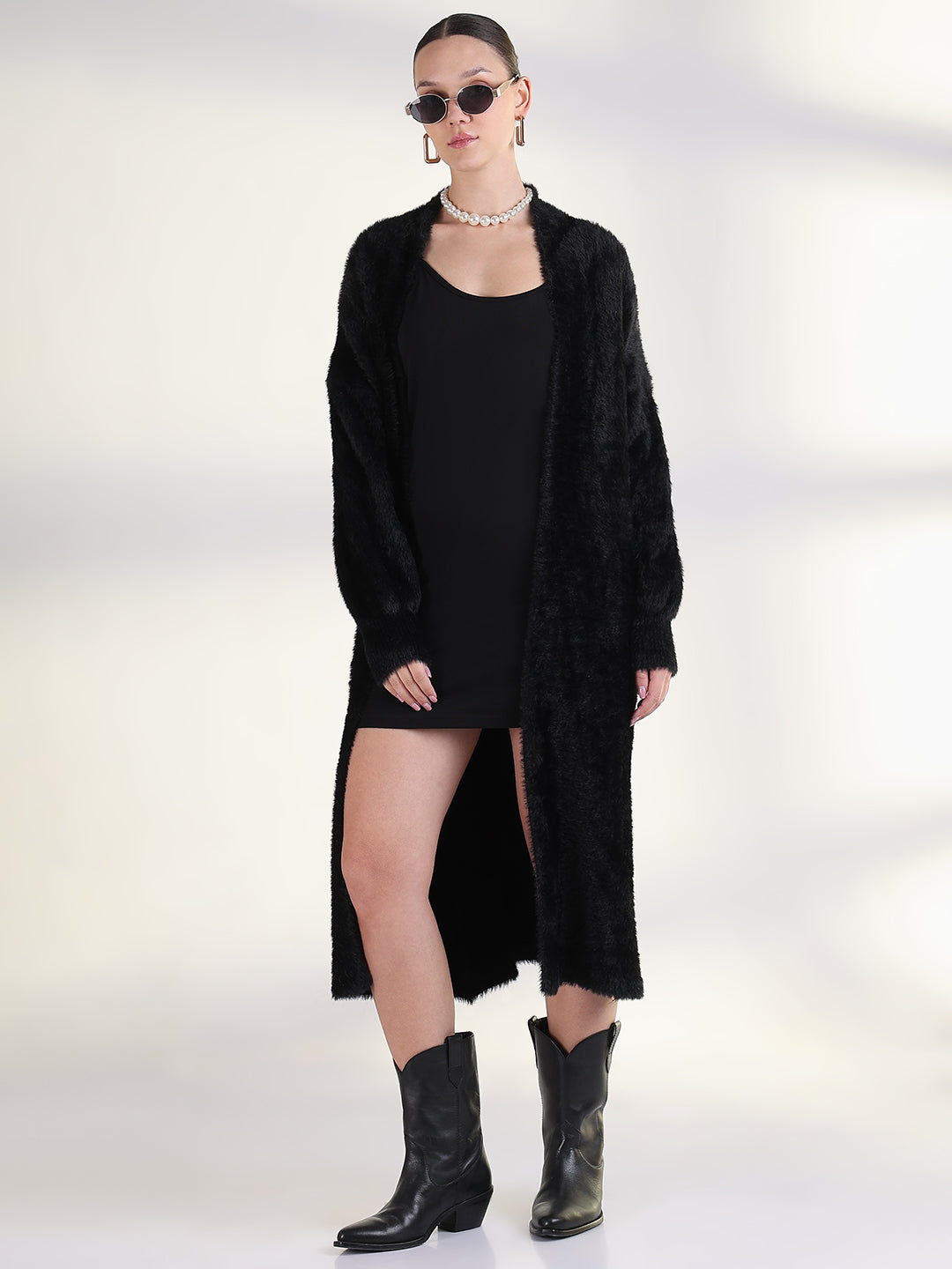 Women's Solid Black Longline Shrug