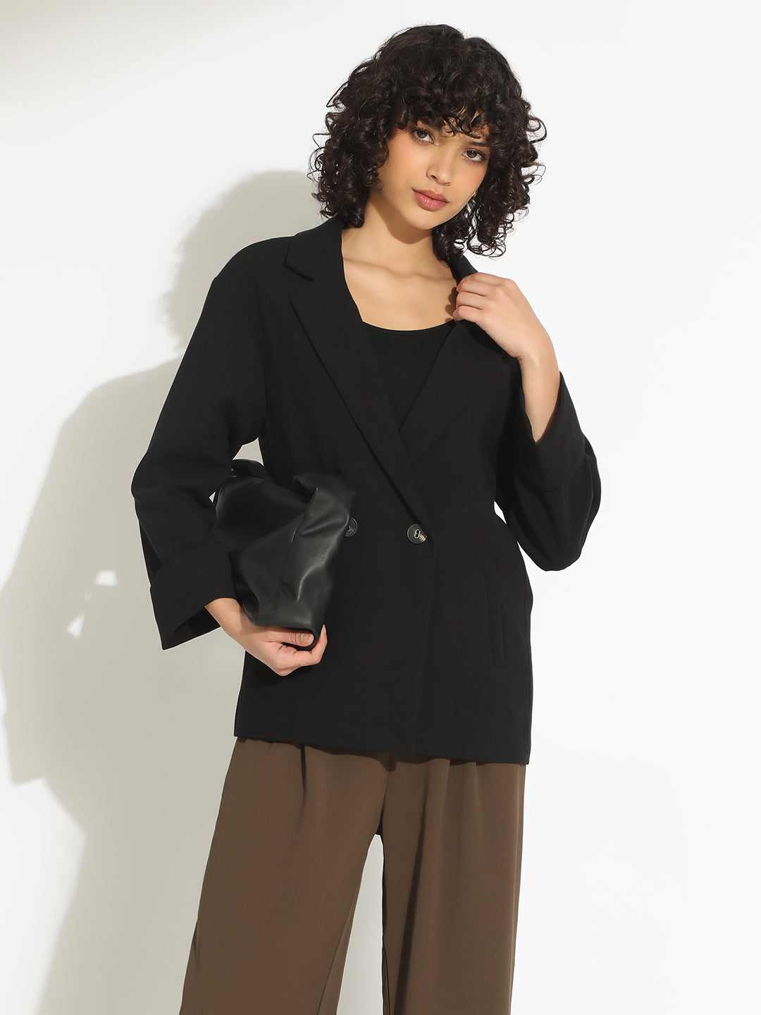 Women's Black Double-Breasted Blazer with Shoulder Pads