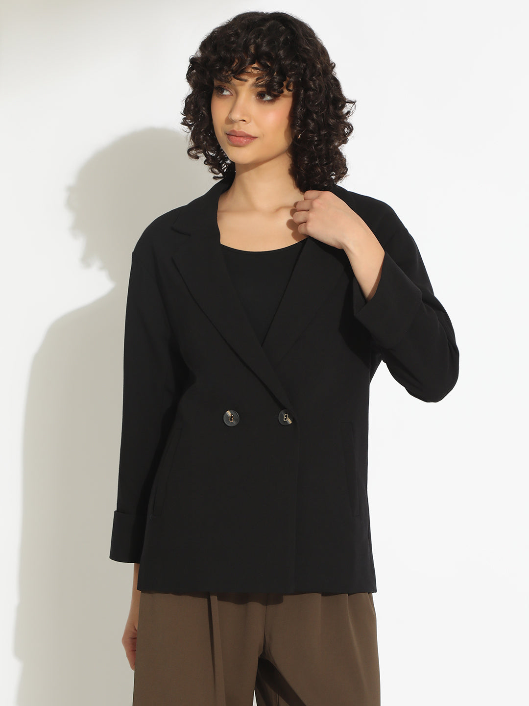 Women's Black Double-Breasted Blazer with Shoulder Pads