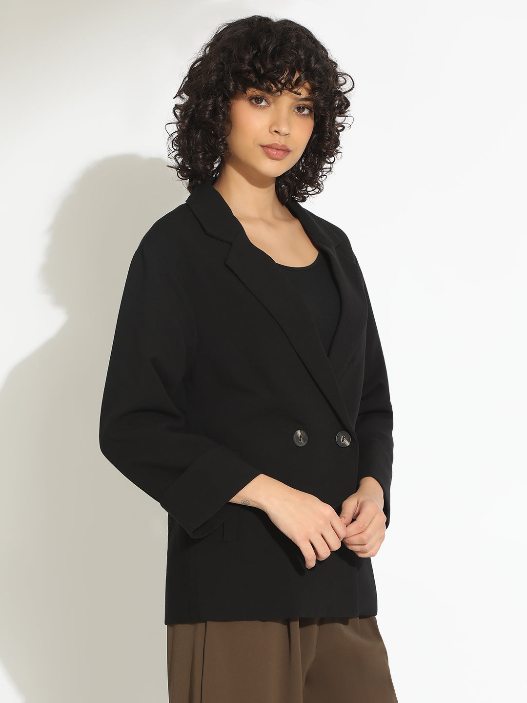 Women's Black Double-Breasted Blazer with Shoulder Pads
