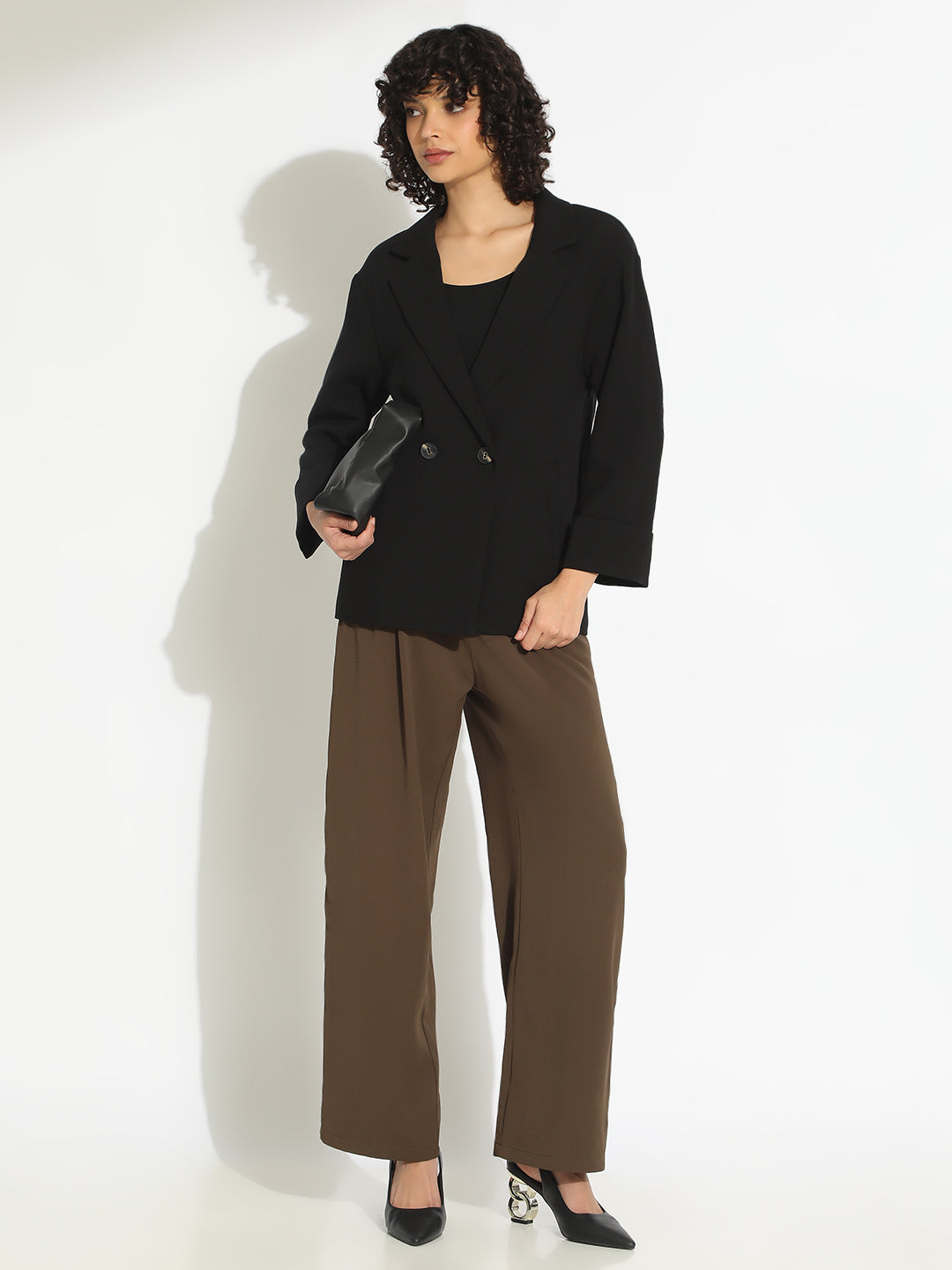 Women's Black Double-Breasted Blazer with Shoulder Pads