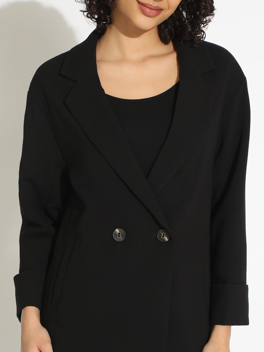 Women's Black Double-Breasted Blazer with Shoulder Pads