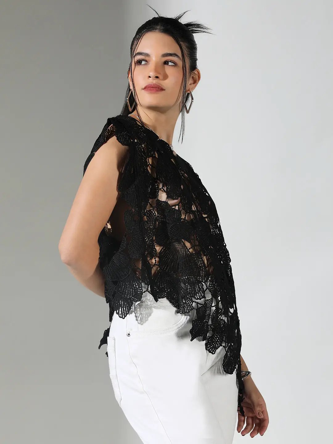 Women's Crochet Black Asymmetric Hem Top - from SHOWOFFFF
