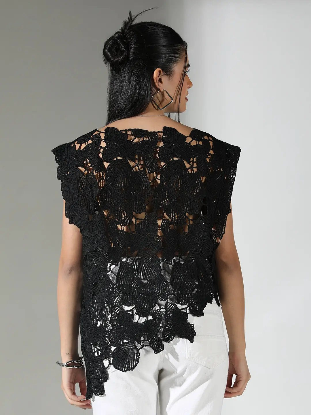 Women's Crochet Black Asymmetric Hem Top - from SHOWOFFFF