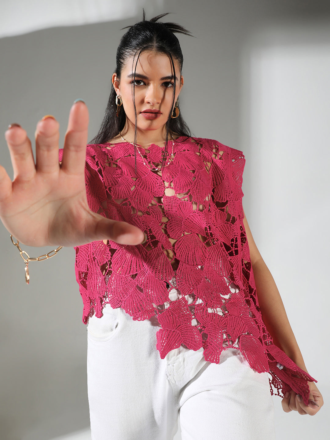 Women's Crochet Pink Asymmetric Hem Top