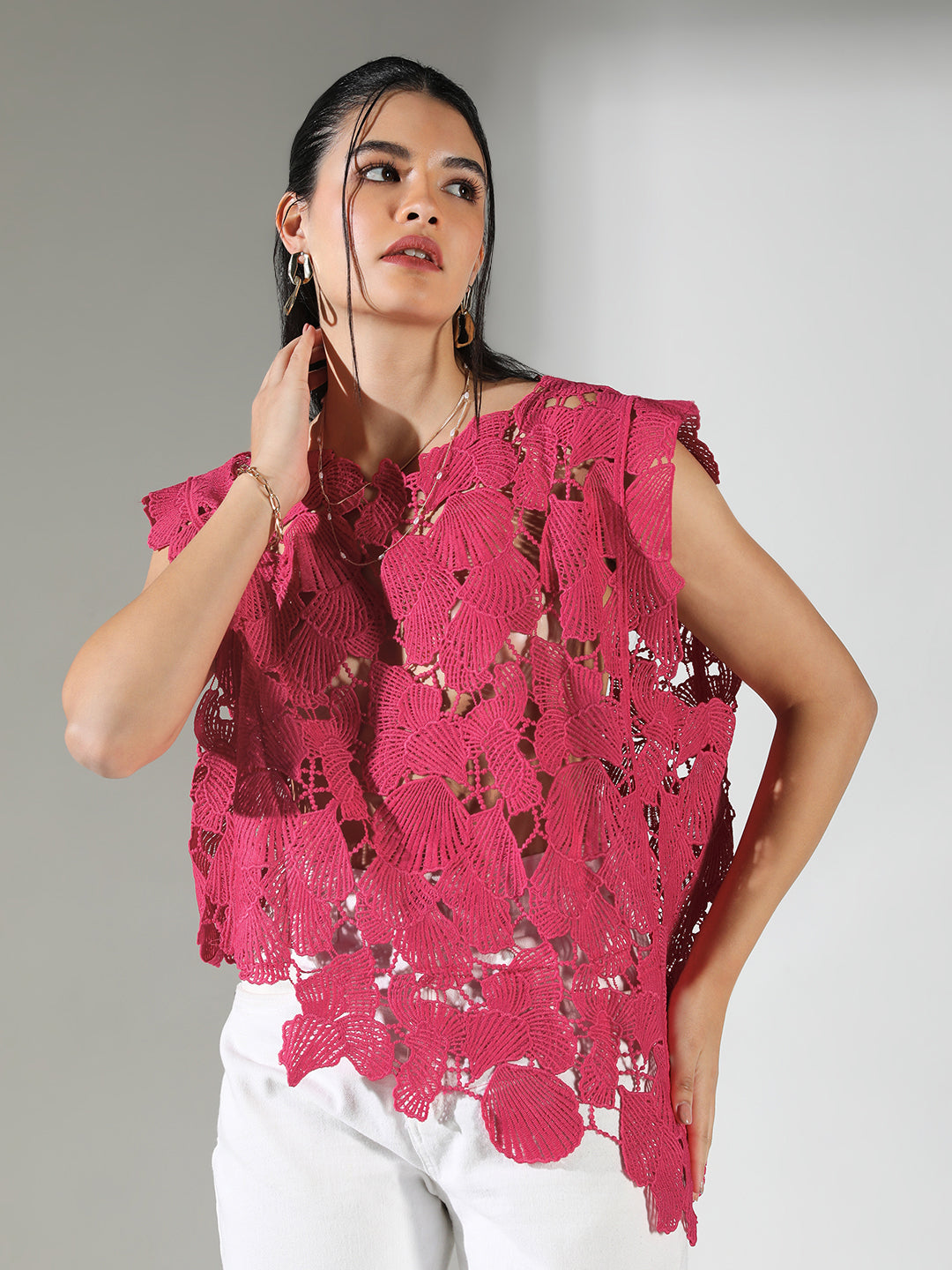Women's Crochet Pink Asymmetric Hem Top