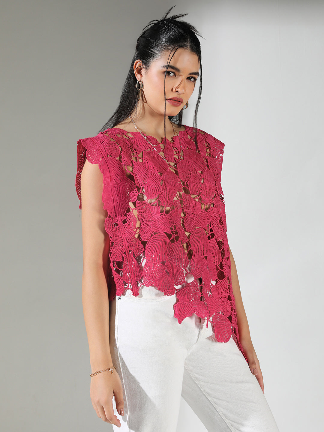 Women's Crochet Pink Asymmetric Hem Top