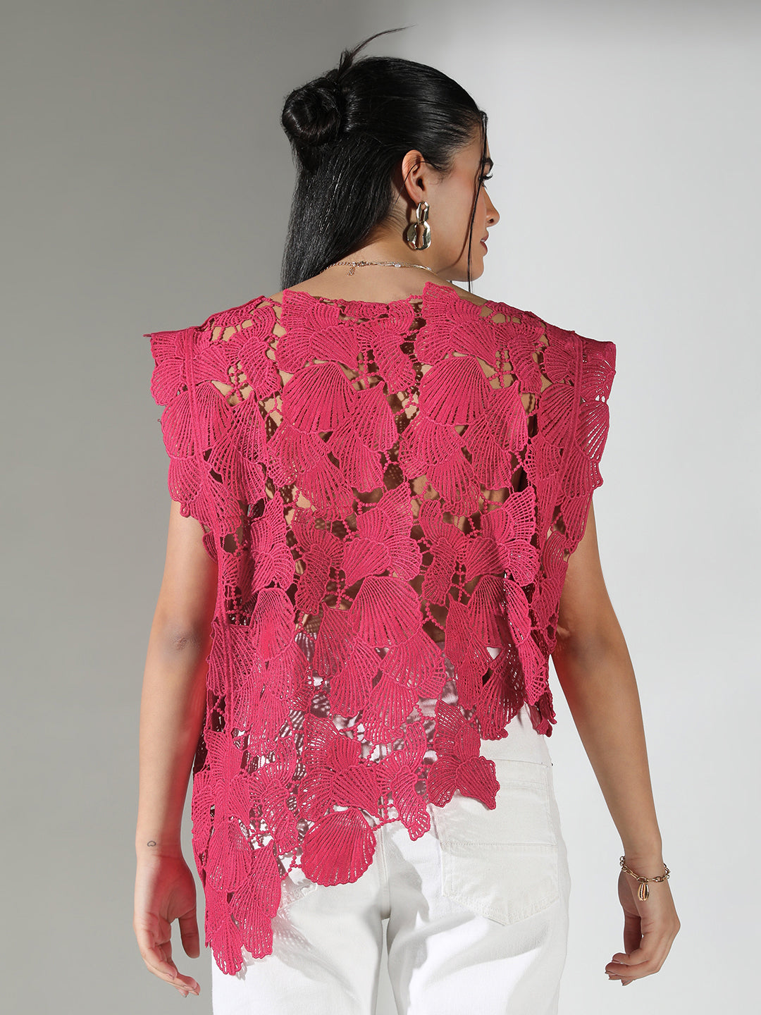Women's Crochet Pink Asymmetric Hem Top