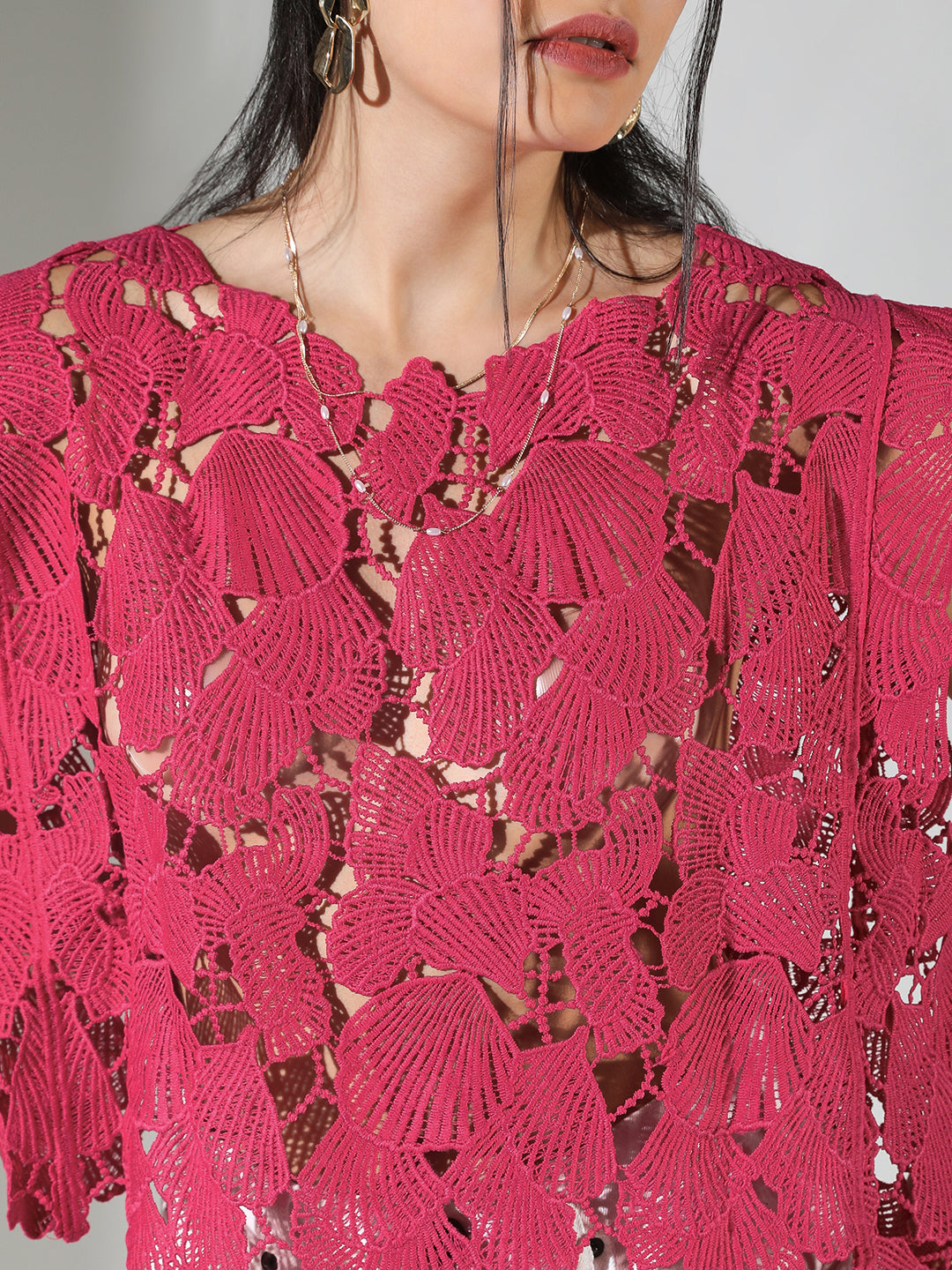 Women's Crochet Pink Asymmetric Hem Top
