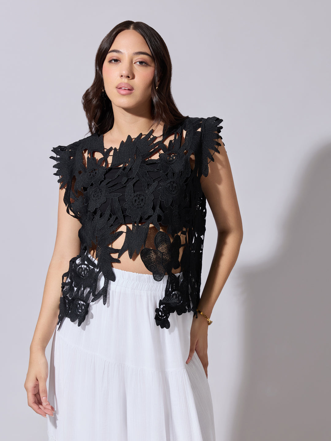 Women's Black Crochet Cutwork Sleeveless Top