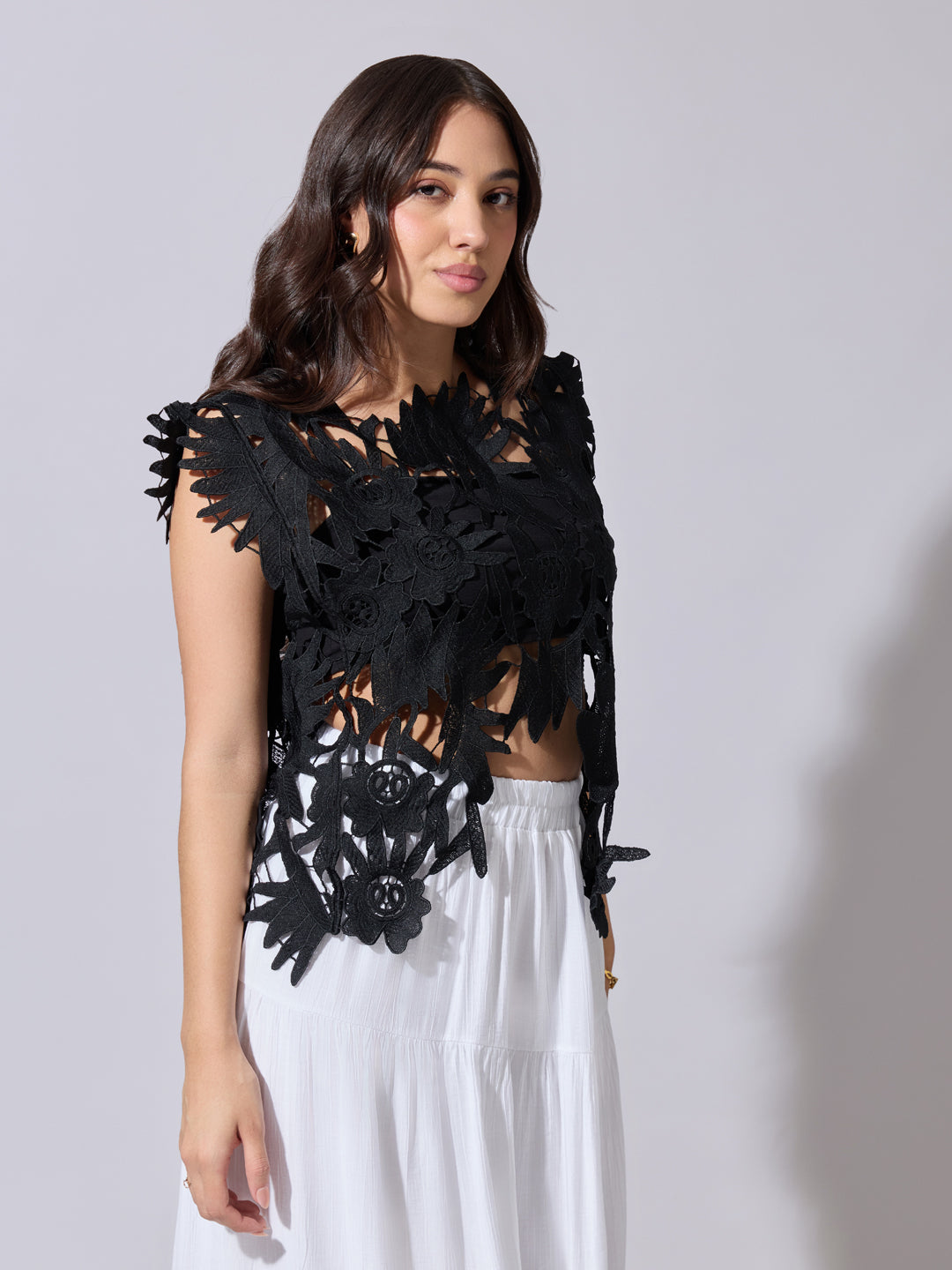 Women's Black Crochet Cutwork Sleeveless Top