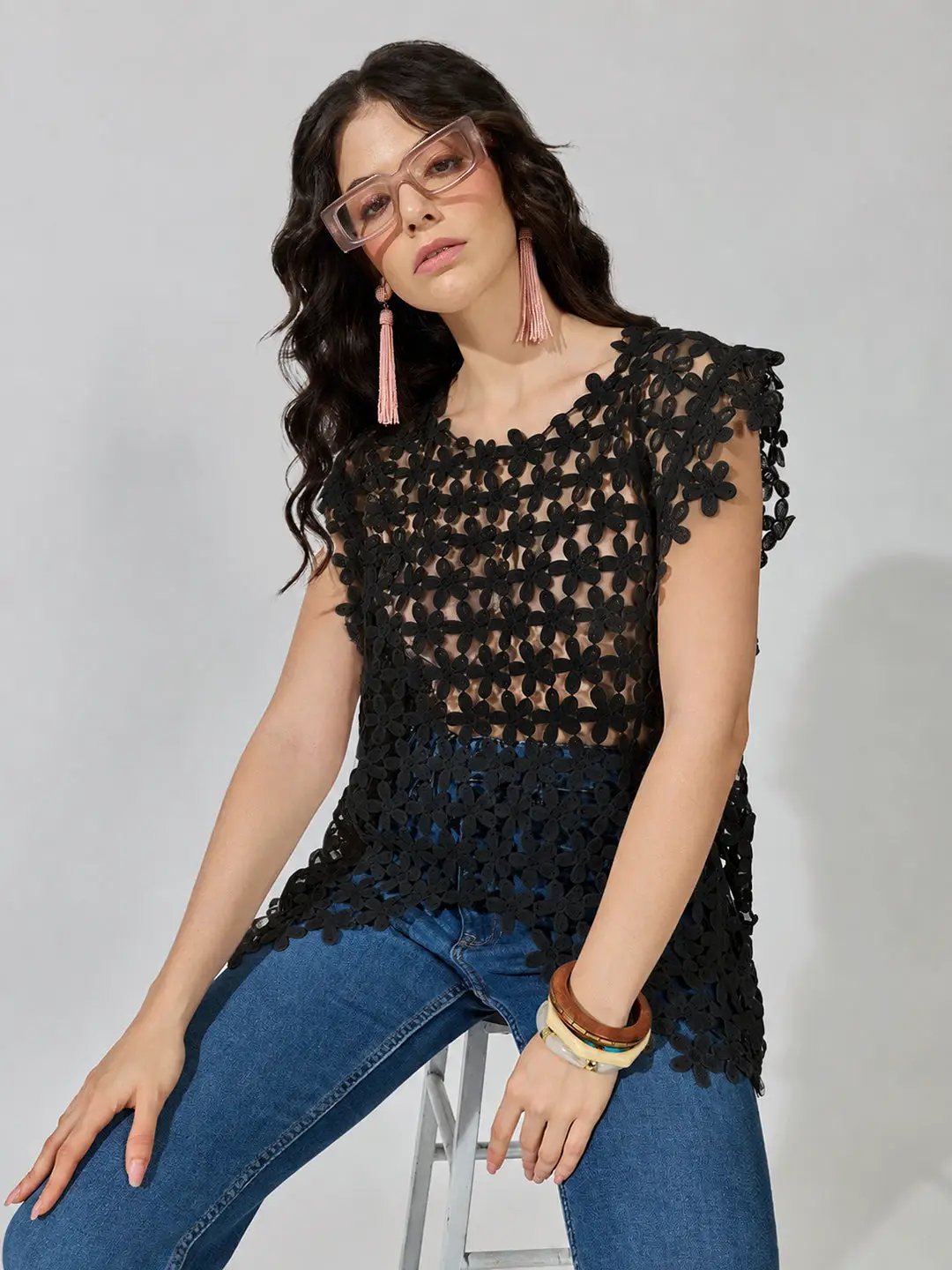 Women's Textured Floral Black Longline Top - from SHOWOFFFF