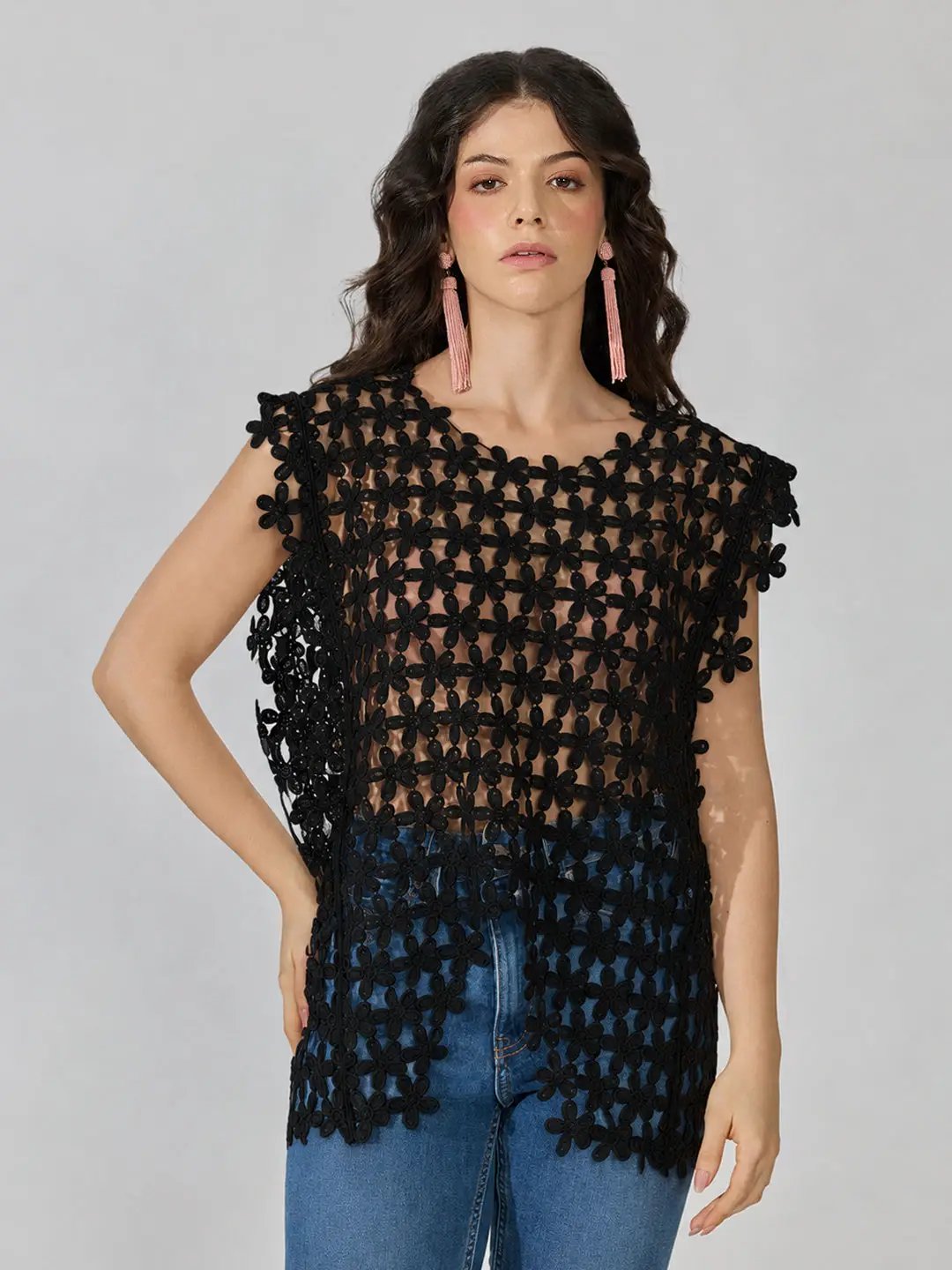 Women's Textured Floral Black Longline Top - from SHOWOFFFF