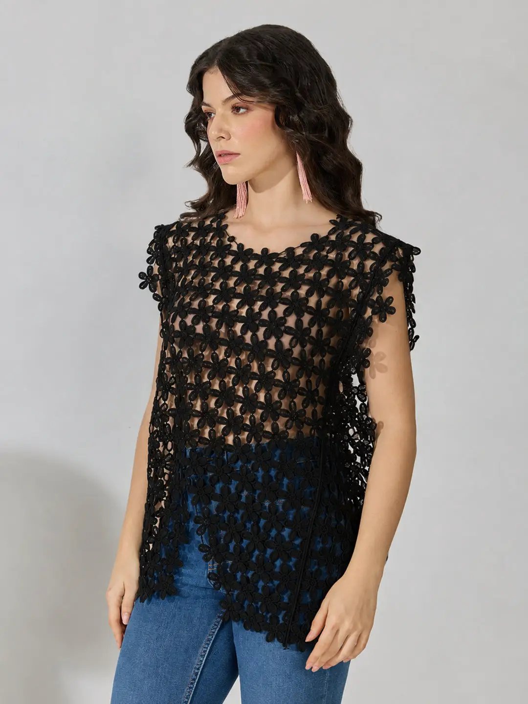 Women's Textured Floral Black Longline Top - from SHOWOFFFF