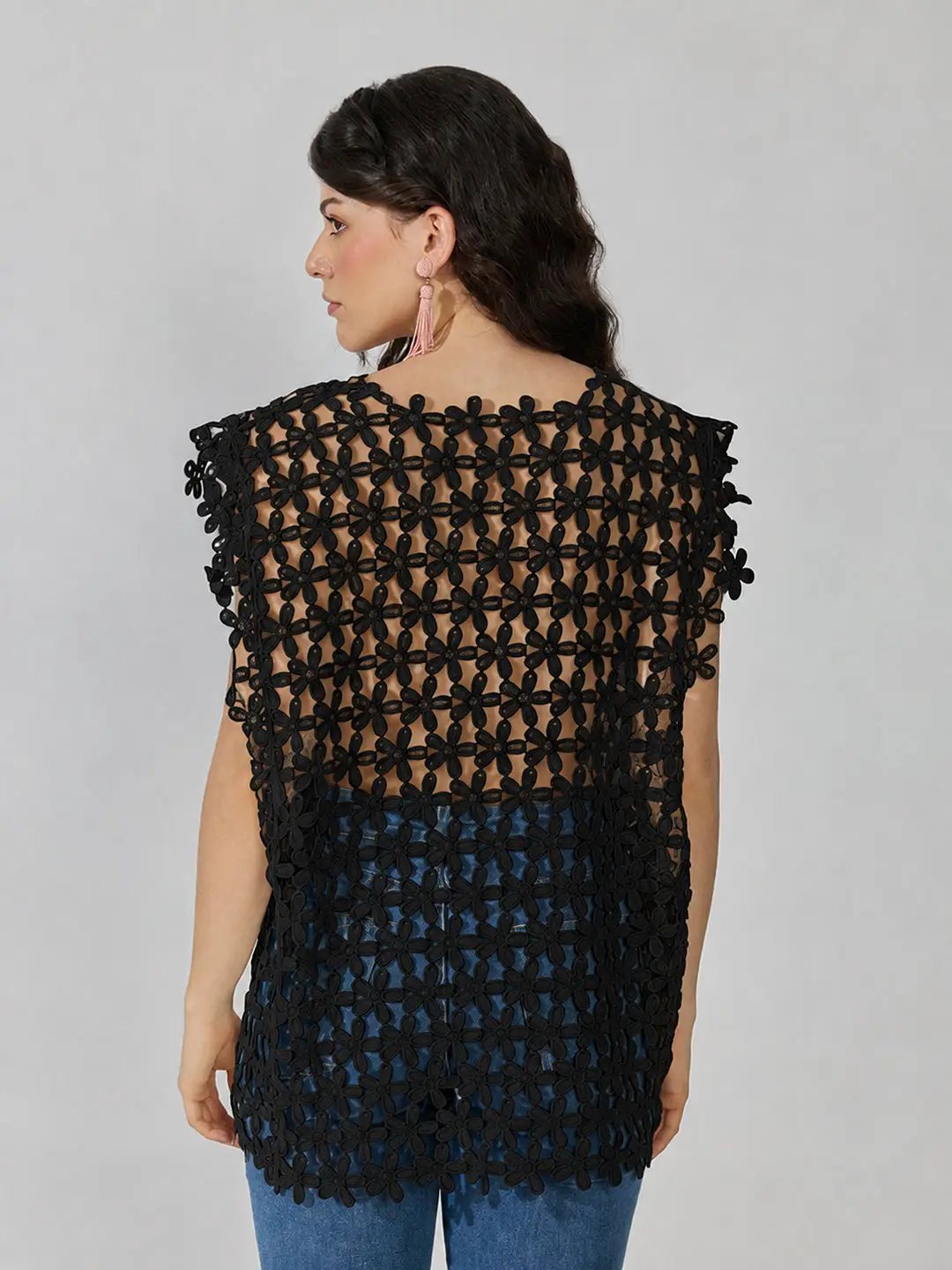 Women's Textured Floral Black Longline Top - from SHOWOFFFF