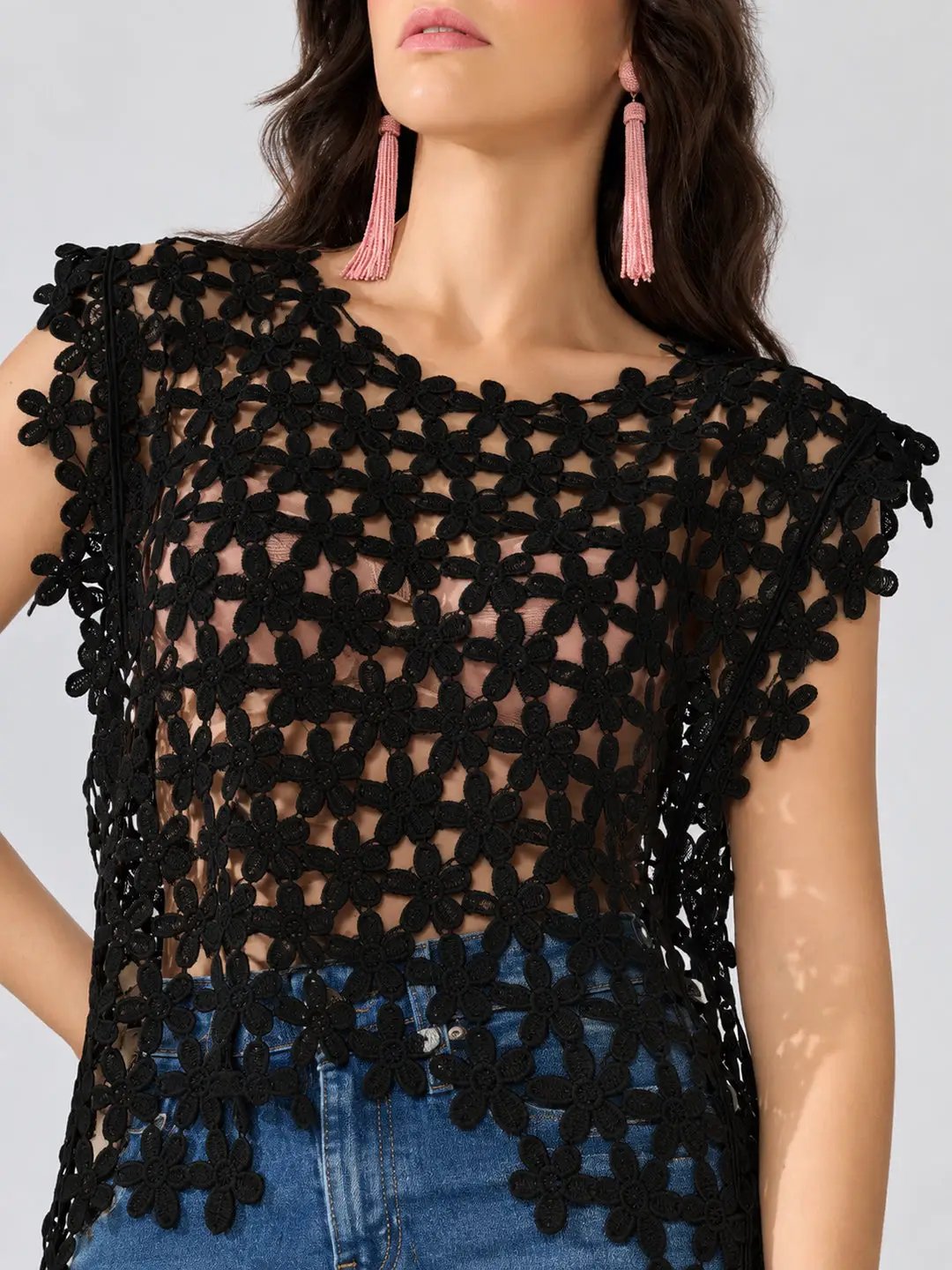 Women's Textured Floral Black Longline Top - from SHOWOFFFF