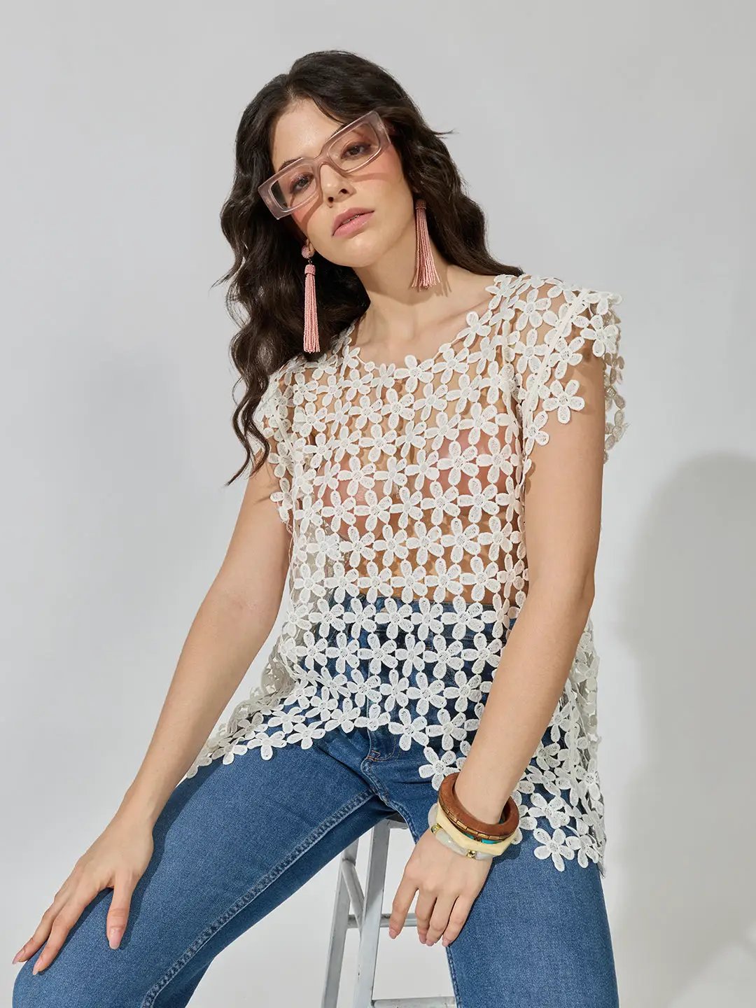 Women's Textured Floral Cream Longline Top