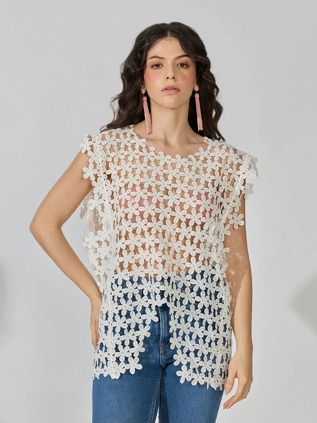 Women's Textured Floral Cream Longline Top