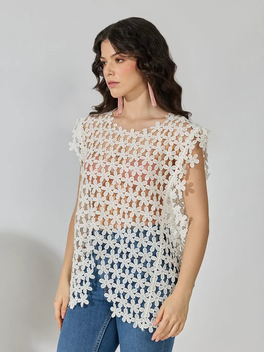 Women's Textured Floral Cream Longline Top