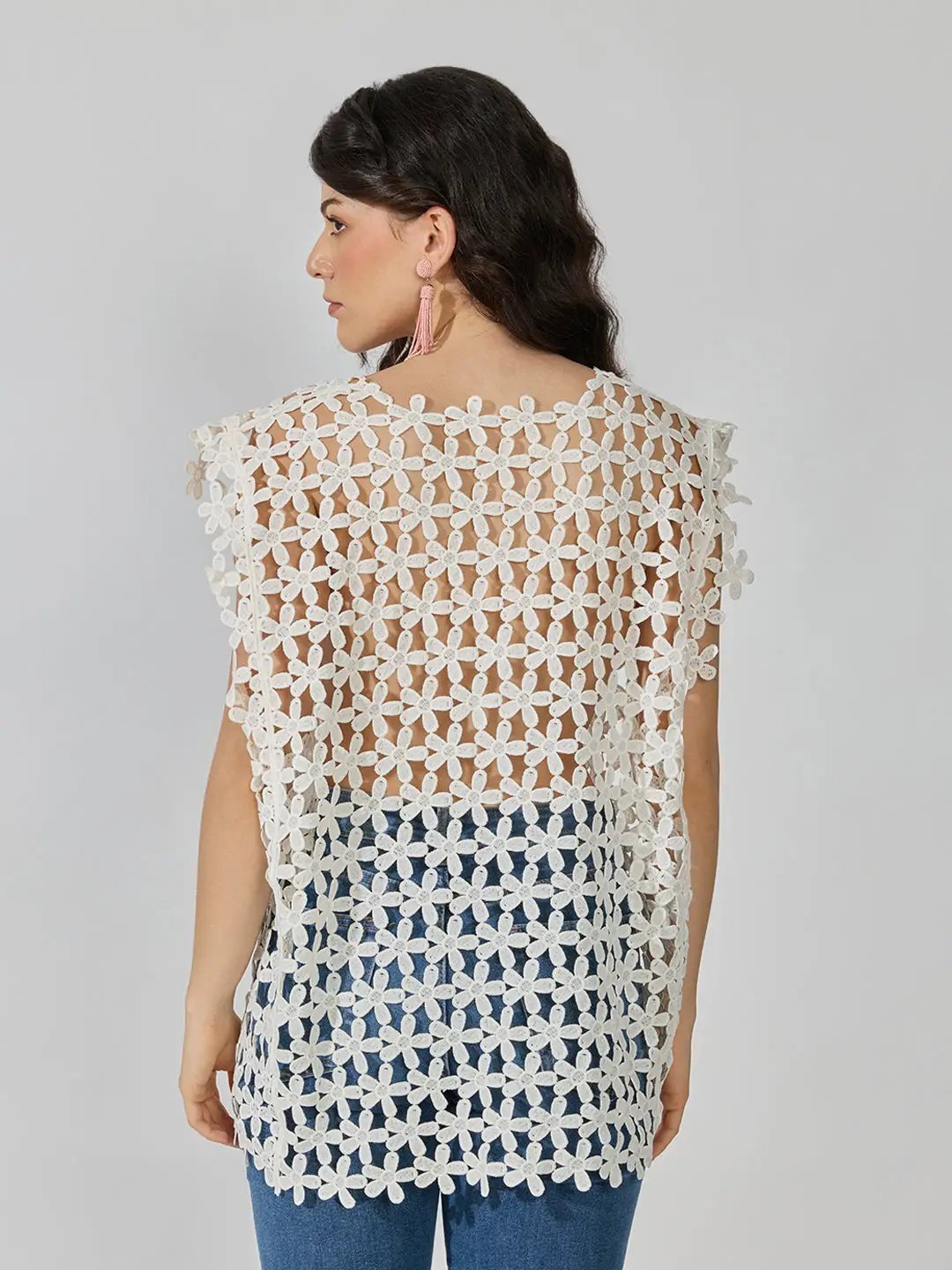 Women's Textured Floral Cream Longline Top