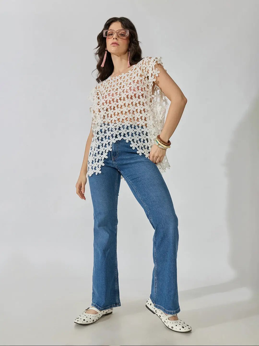Women's Textured Floral Cream Longline Top