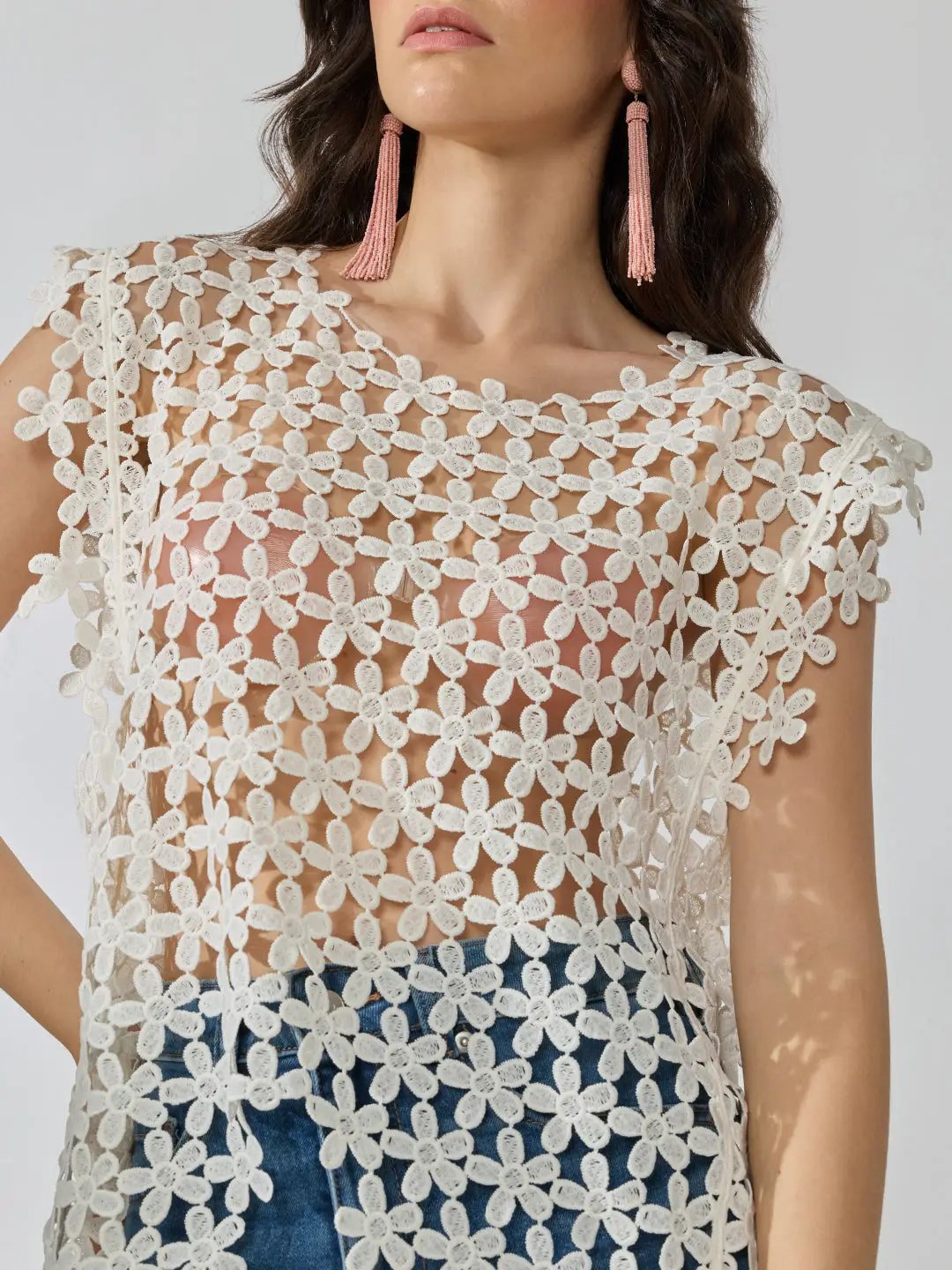 Women's Textured Floral Cream Longline Top
