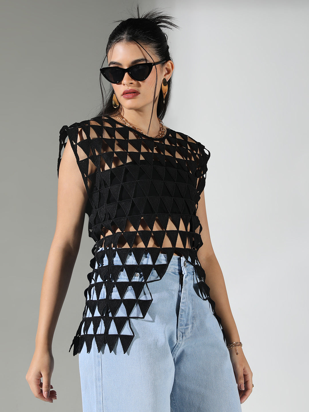 Women's Triangle Cut Out Black Asymmetric Top