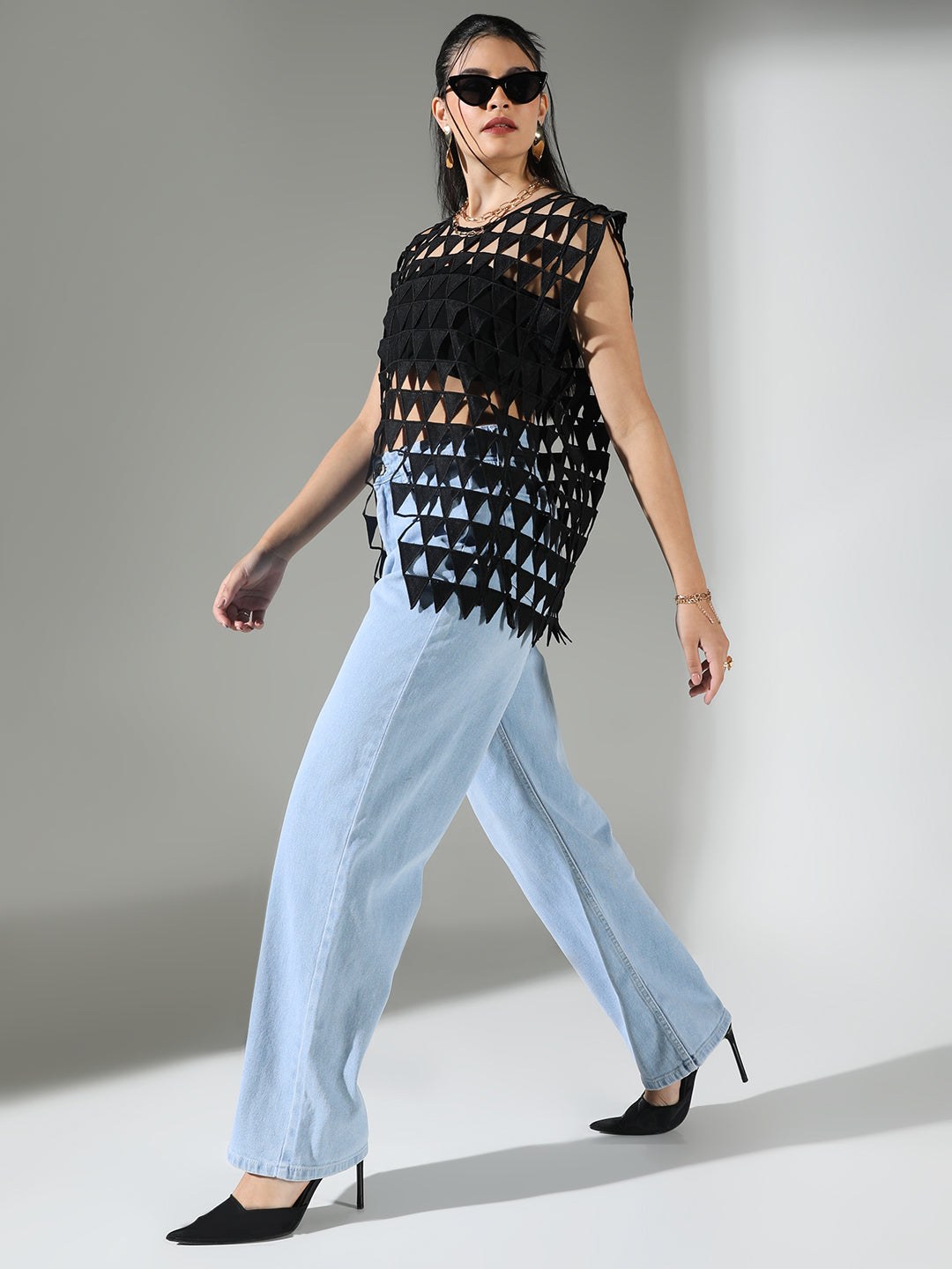 Women's Triangle Cut Out Black Asymmetric Top