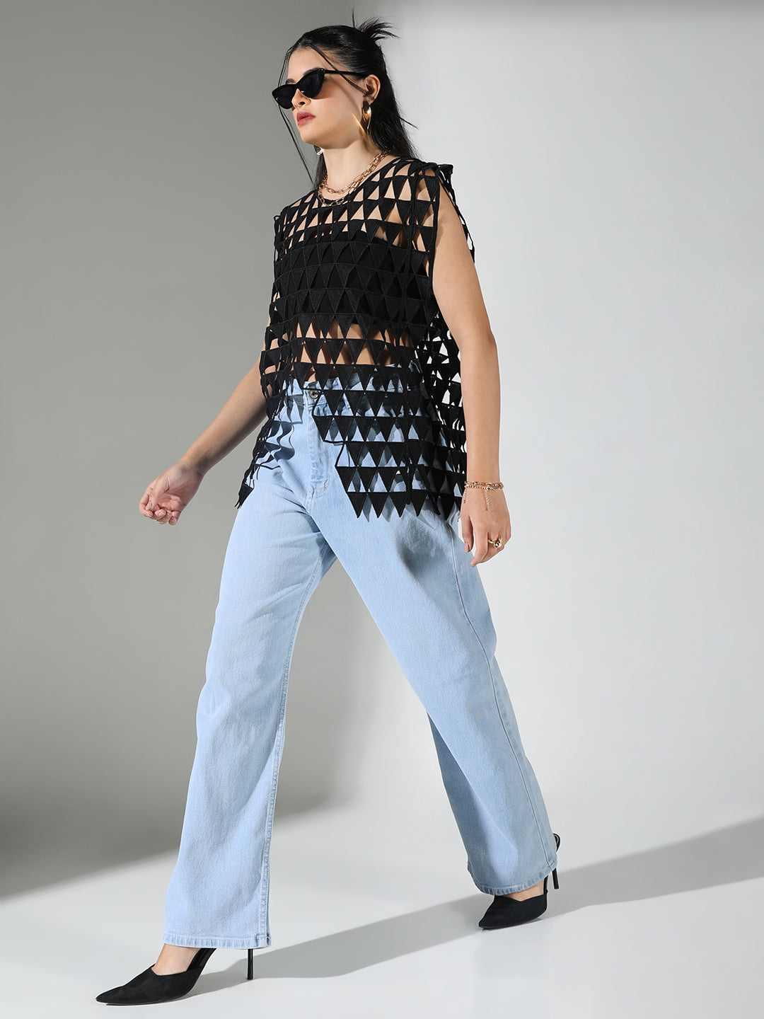 Women's Triangle Cut Out Black Asymmetric Top