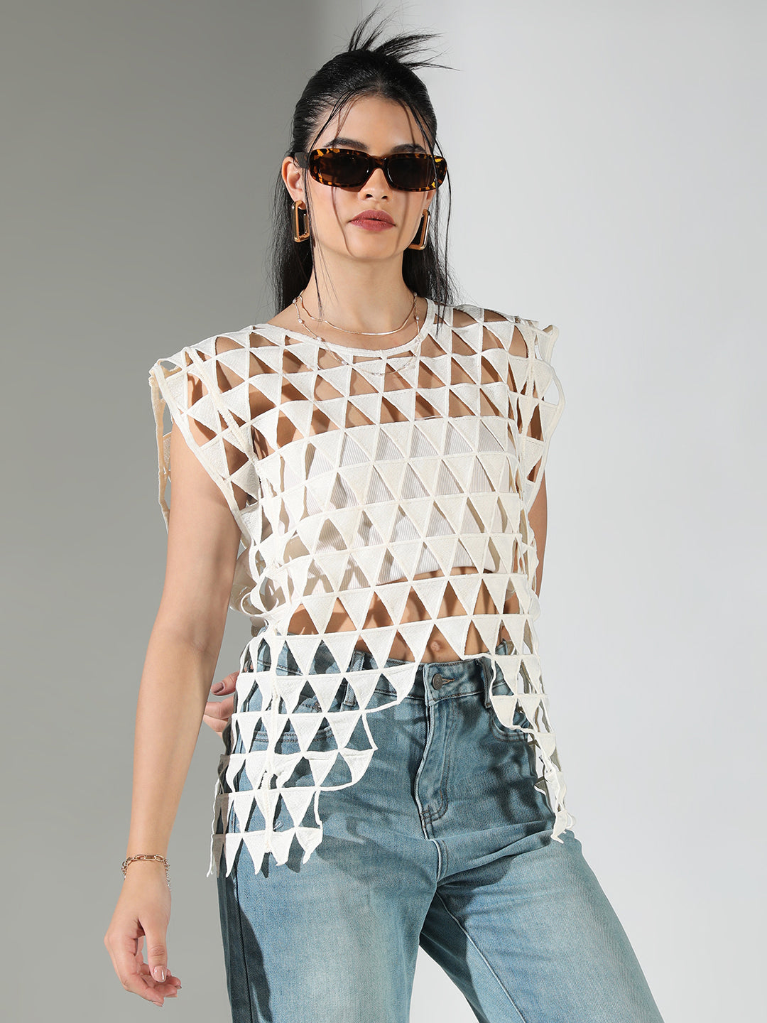Women's Triangle Cut Out Off White Asymmetric Top