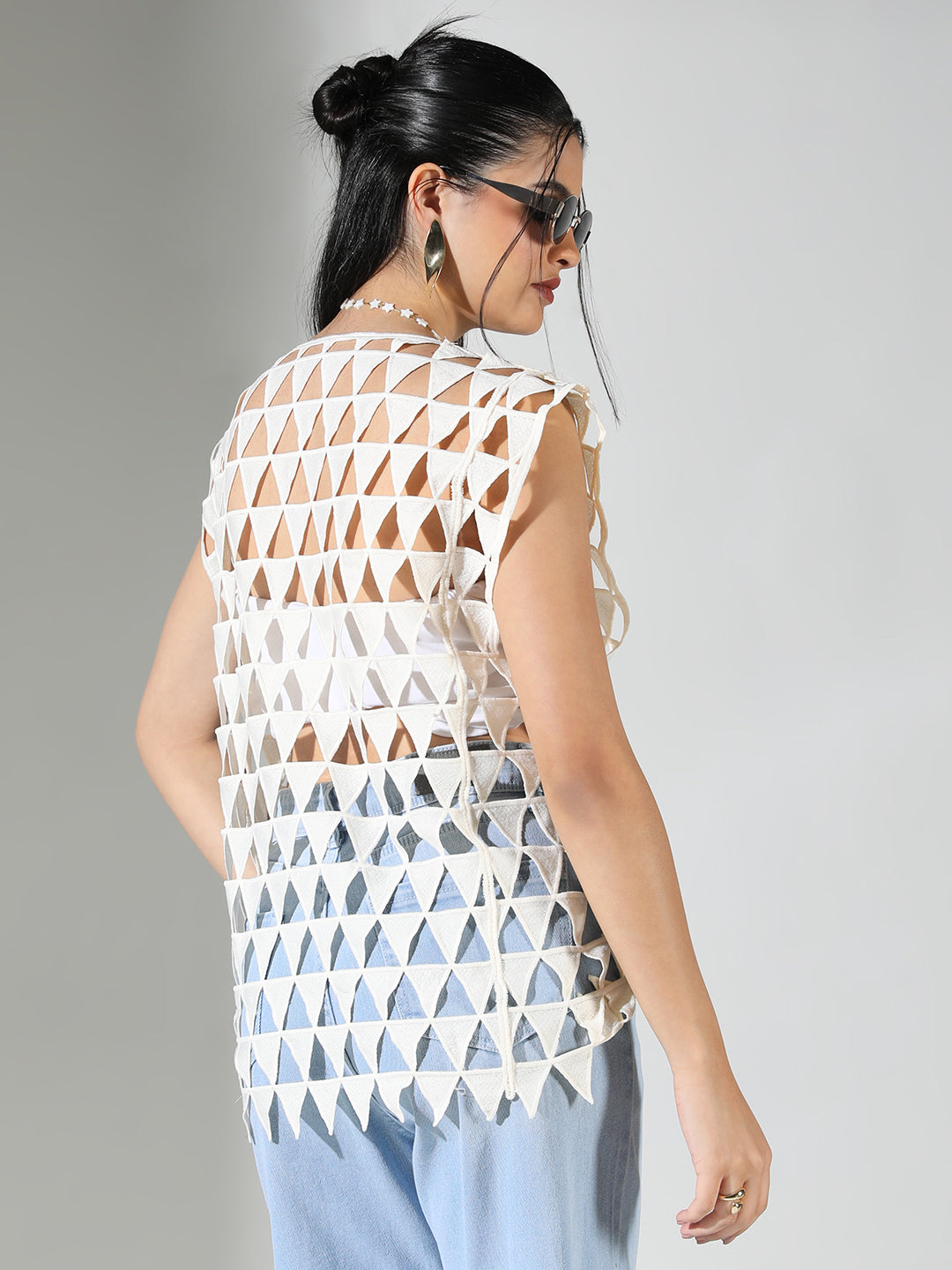 Women's Triangle Cut Out Off White Asymmetric Top