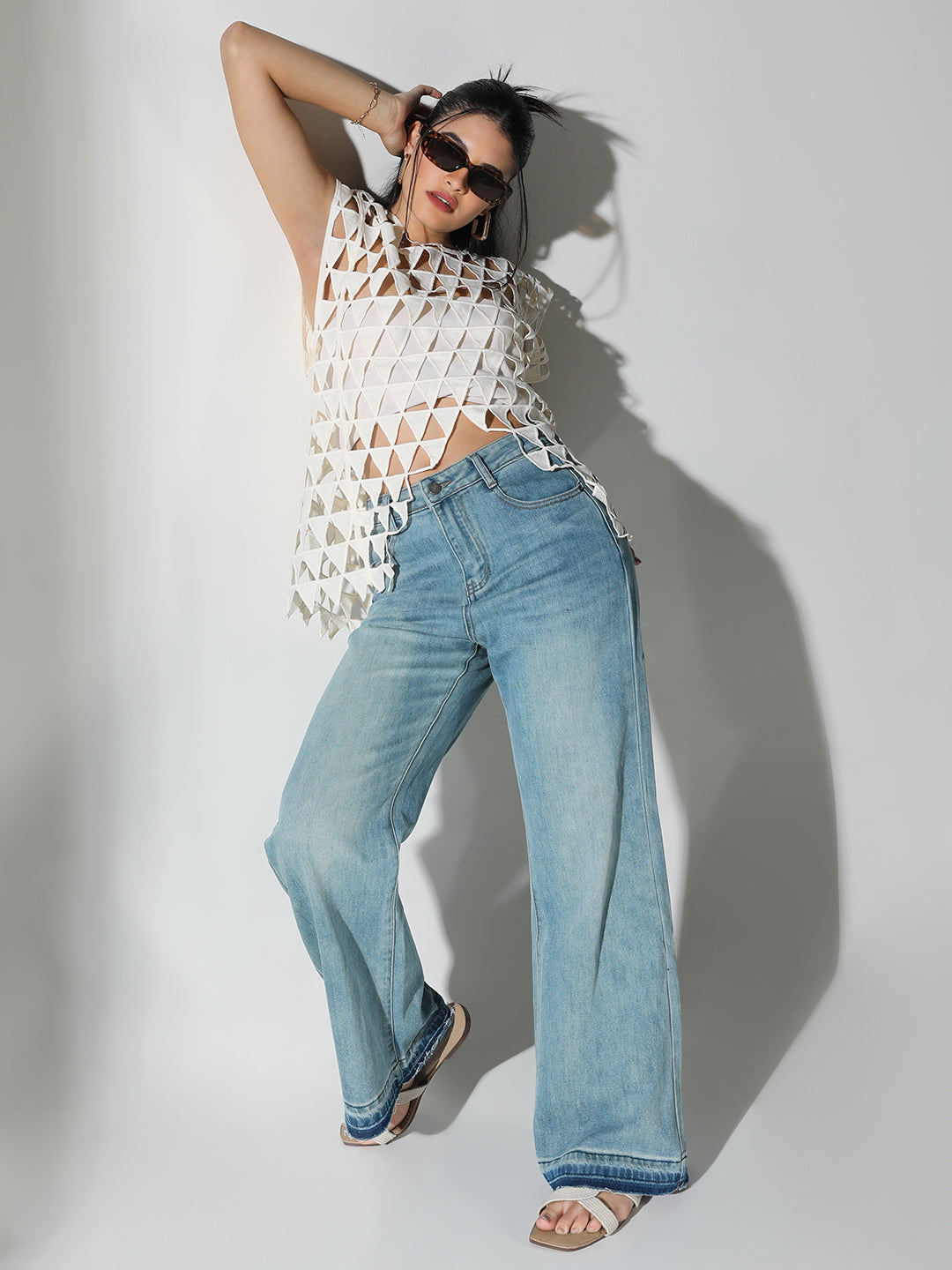 Women's Triangle Cut Out Off White Asymmetric Top