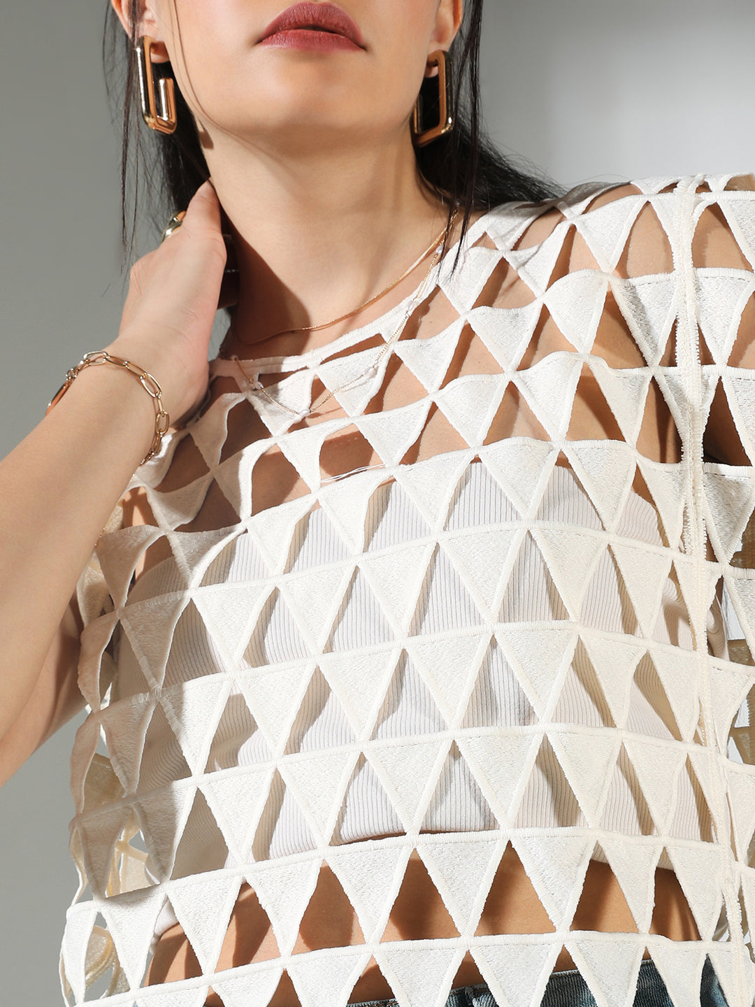 Women's Triangle Cut Out Off White Asymmetric Top
