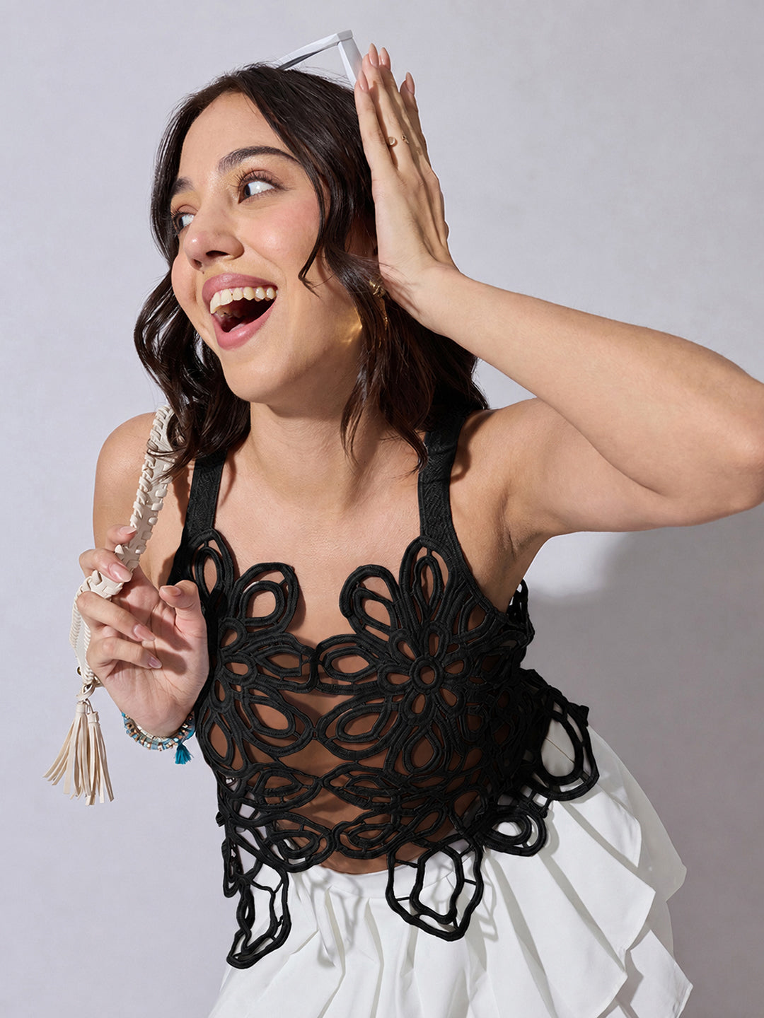 Women’s Floral Black Crochet Top with Scalloped Hem