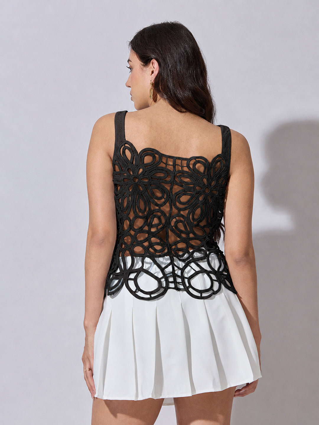 Women’s Floral Black Crochet Top with Scalloped Hem