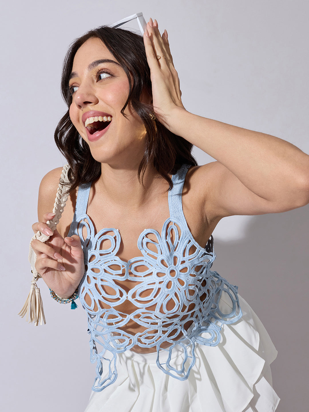 Women's Abstract Crochet Blue Sleeveless Top