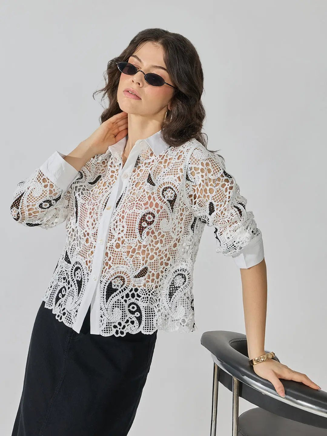 Women's White Paisley Crochet Shirt with Contrast Collar