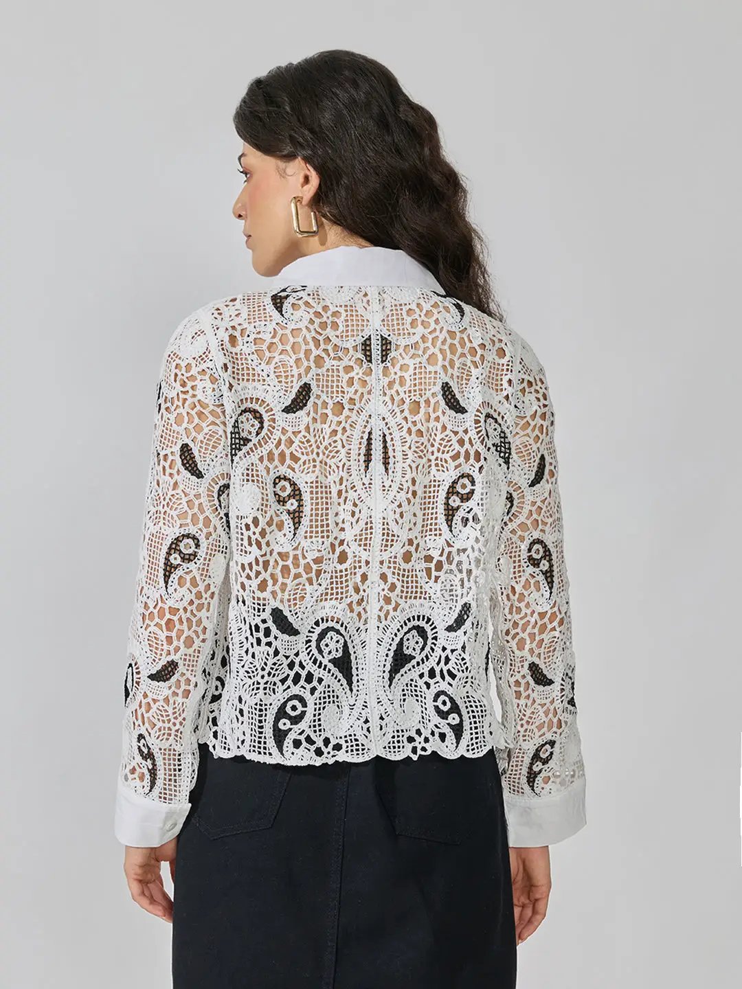 Women's White Paisley Crochet Shirt with Contrast Collar