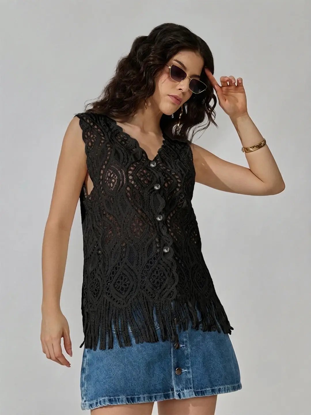 Women's Black Crochet Sleeveless Fringe Hem Button-Front Top - from SHOWOFFFF