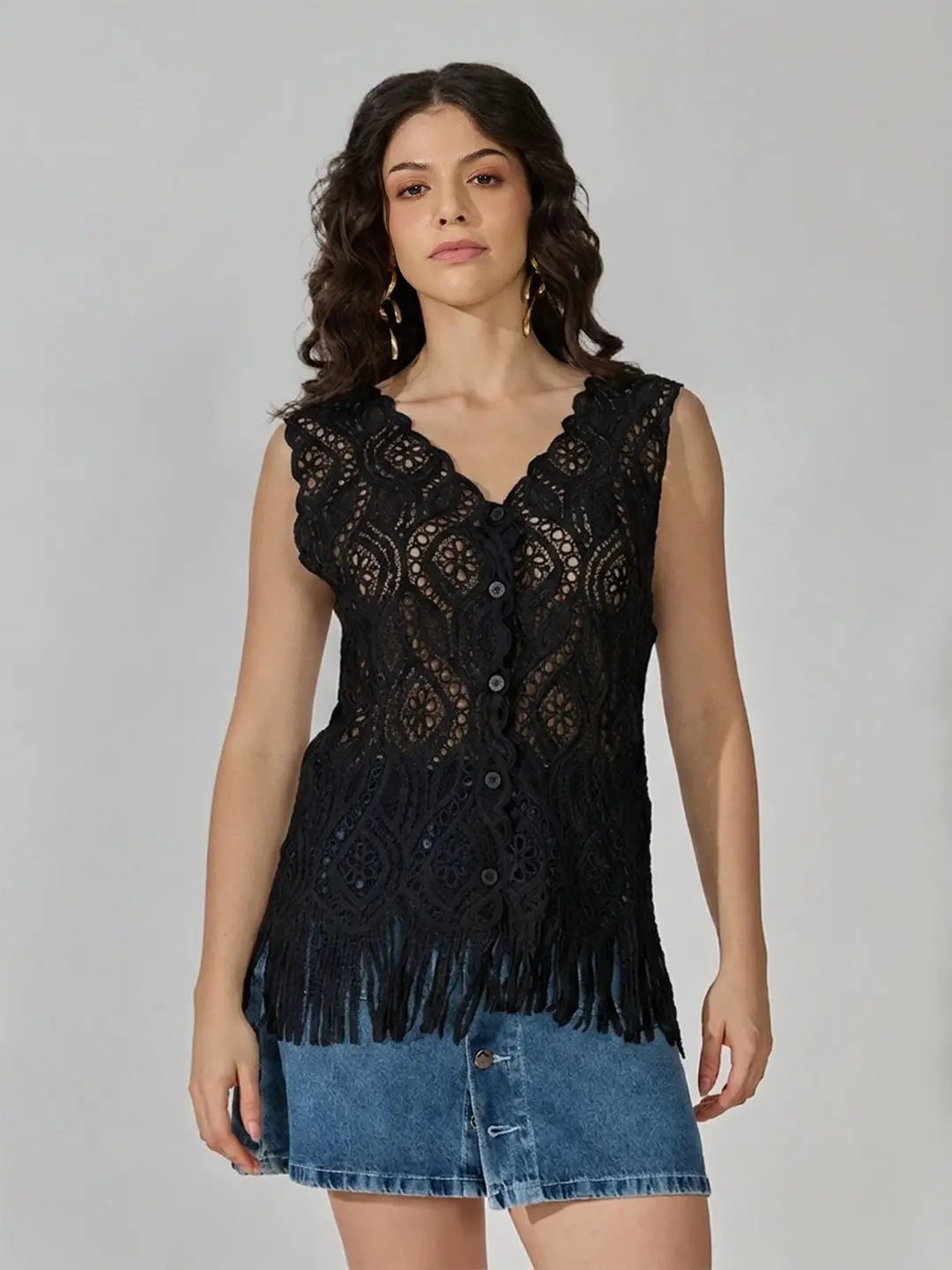 Women's Black Crochet Sleeveless Fringe Hem Button-Front Top - from SHOWOFFFF