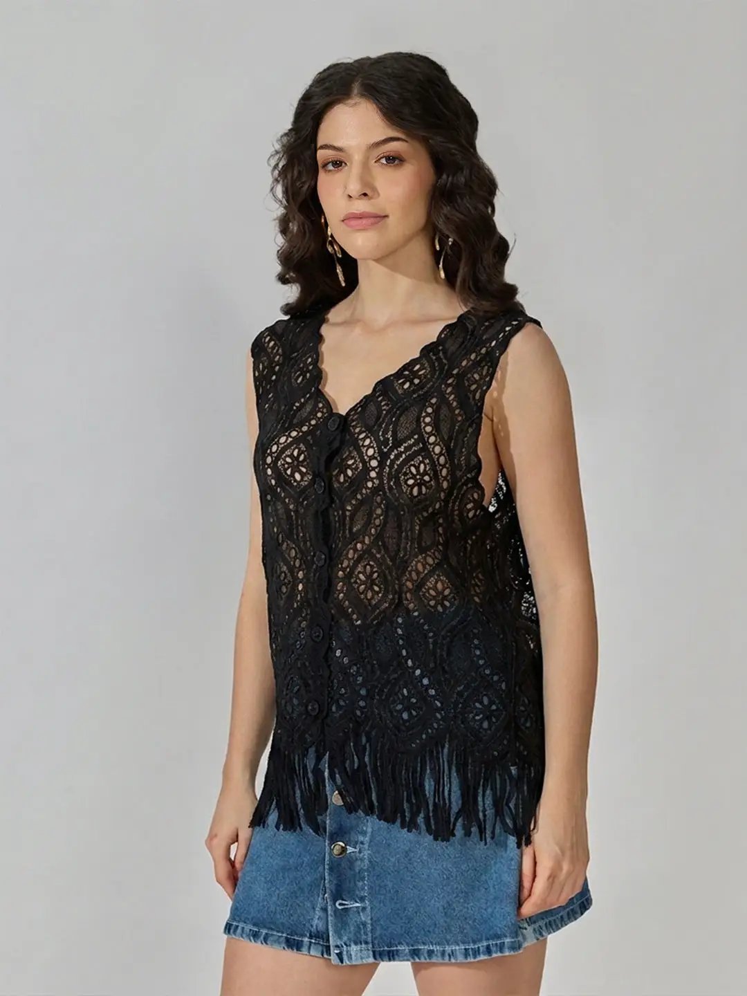 Women's Black Crochet Sleeveless Fringe Hem Button-Front Top - from SHOWOFFFF