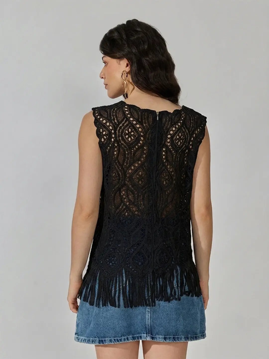 Women's Black Crochet Sleeveless Fringe Hem Button-Front Top - from SHOWOFFFF